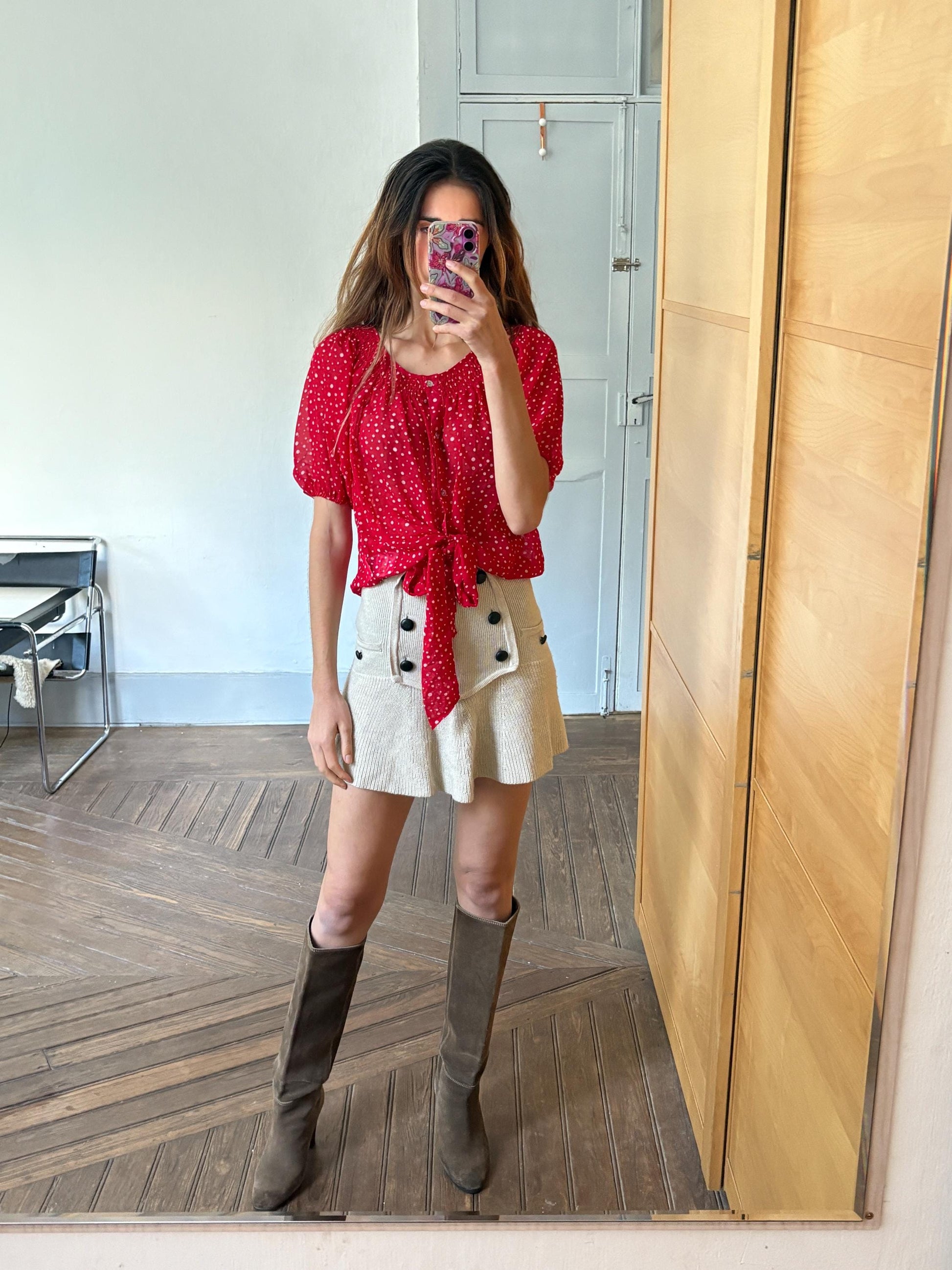 Vintage unique red frill blouse, Retro 60s woman top, groovy bow tie shirt, Deadstock original vintage, Size M