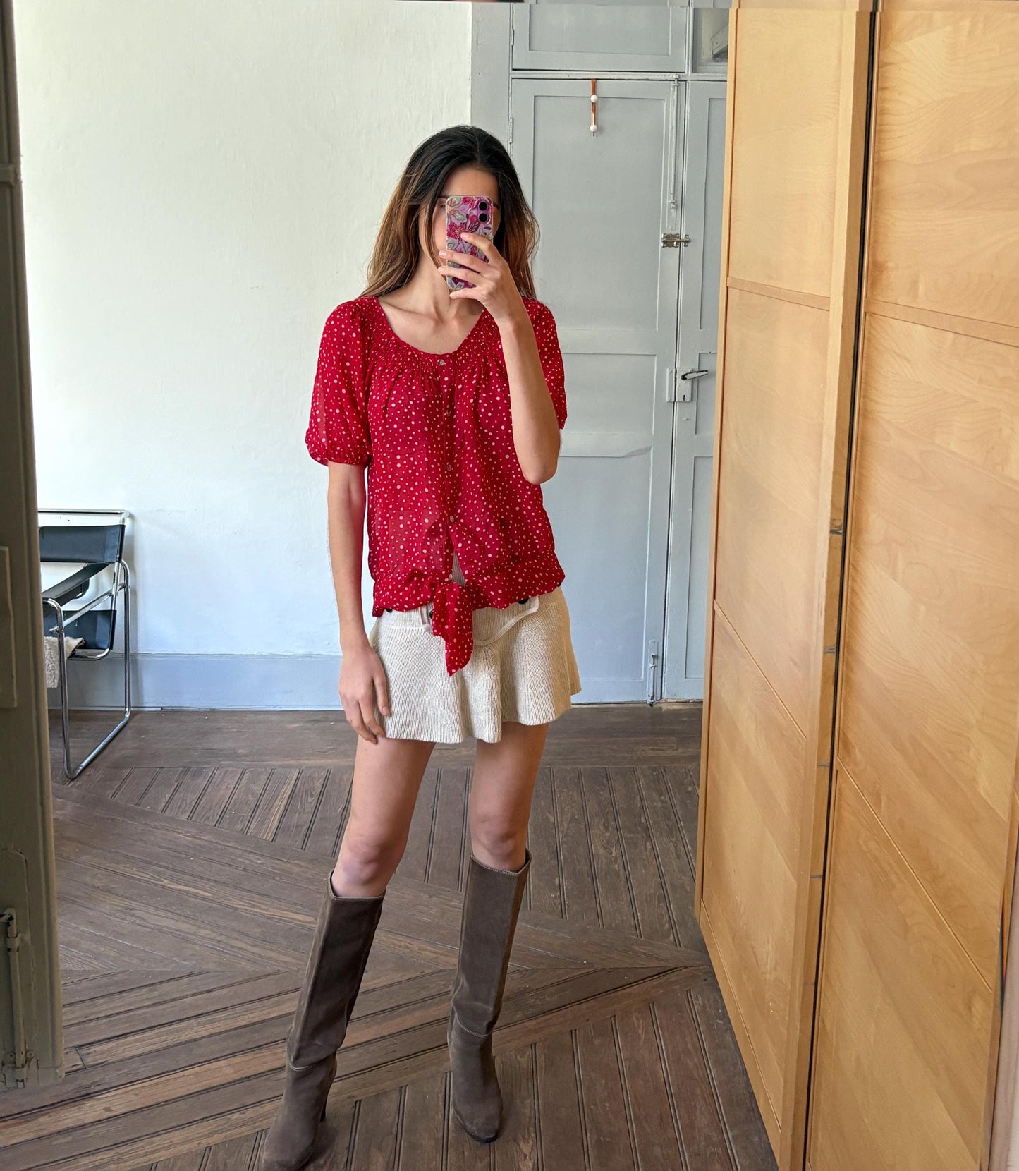 Vintage unique red frill blouse, Retro 60s woman top, groovy bow tie shirt, Deadstock original vintage, Size M