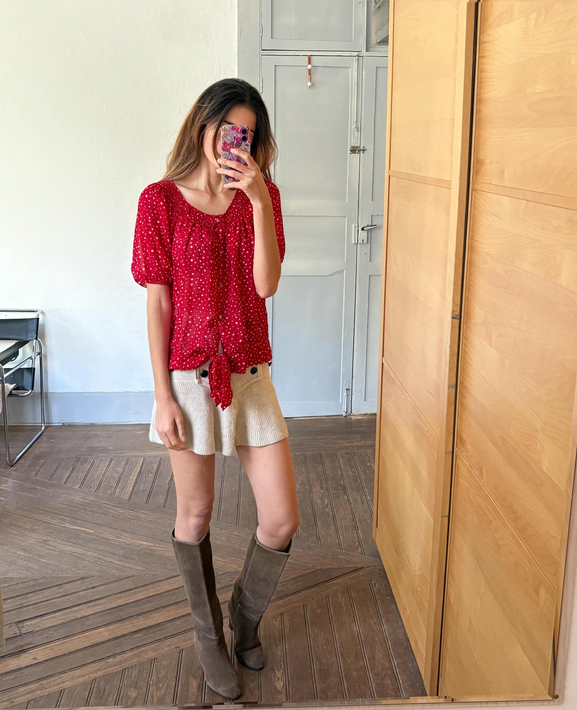 Vintage unique red frill blouse, Retro 60s woman top, groovy bow tie shirt, Deadstock original vintage, Size M