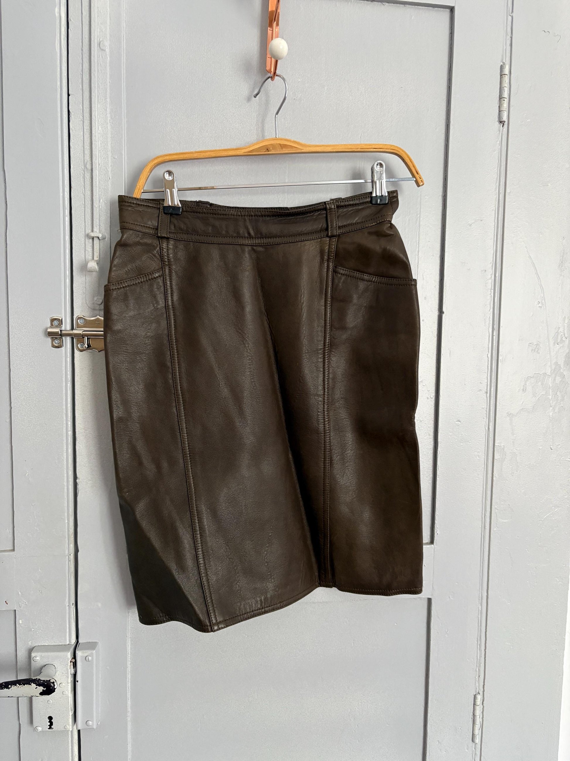 Luxury vintage genuine goat leather brown hig rise skirt, High waist tight pencil skirt, 90s sexy dominatrix clothing, Size S , Size L
