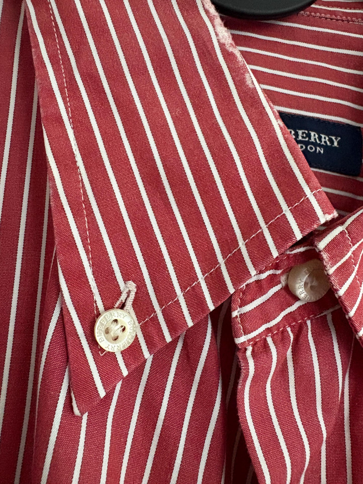 Vintage red and white striped Burberry London oxford shirt, Cotton crisp oversized button down shirt, Scandinavian style Summer Shirt, L