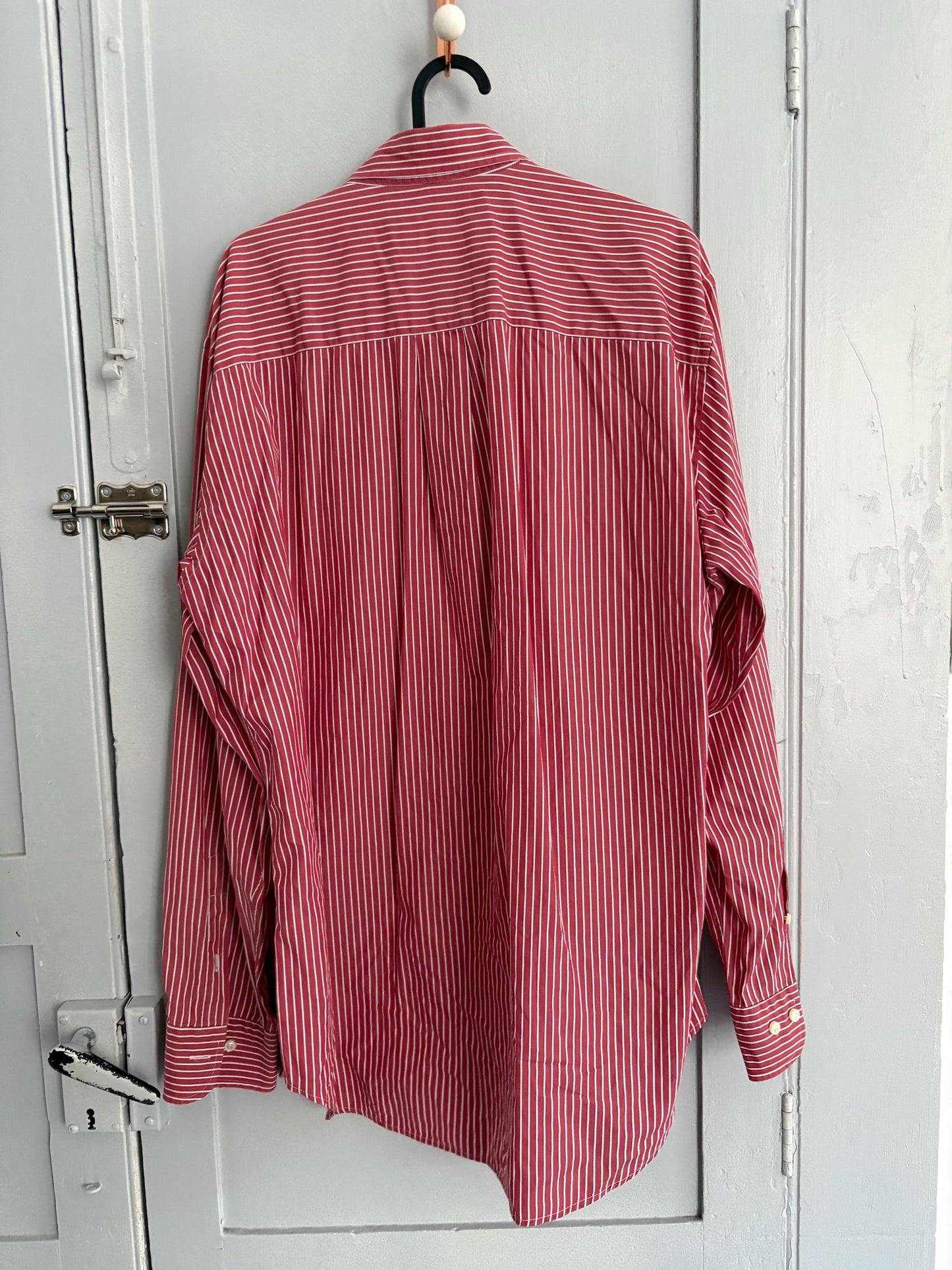Vintage red and white striped Burberry London oxford shirt, Cotton crisp oversized button down shirt, Scandinavian style Summer Shirt, L