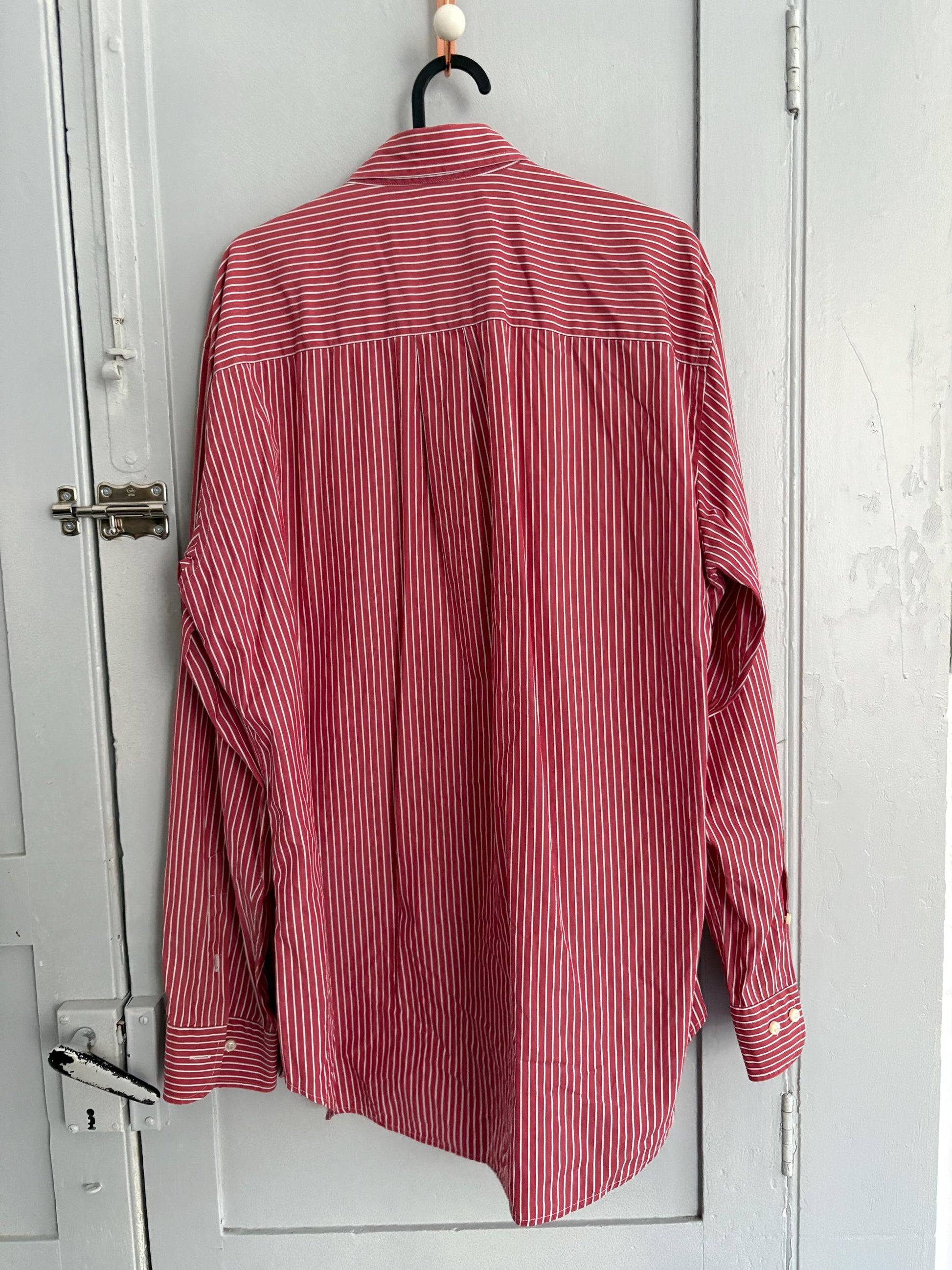 Vintage red and white striped Burberry London oxford shirt, Cotton crisp oversized button down shirt, Scandinavian style Summer Shirt, L