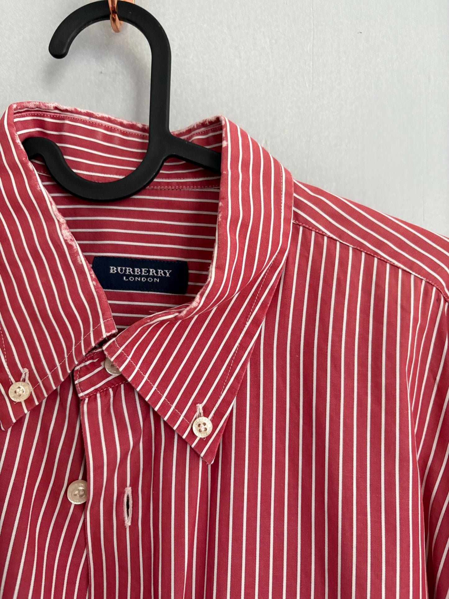Vintage red and white striped Burberry London oxford shirt, Cotton crisp oversized button down shirt, Scandinavian style Summer Shirt, L