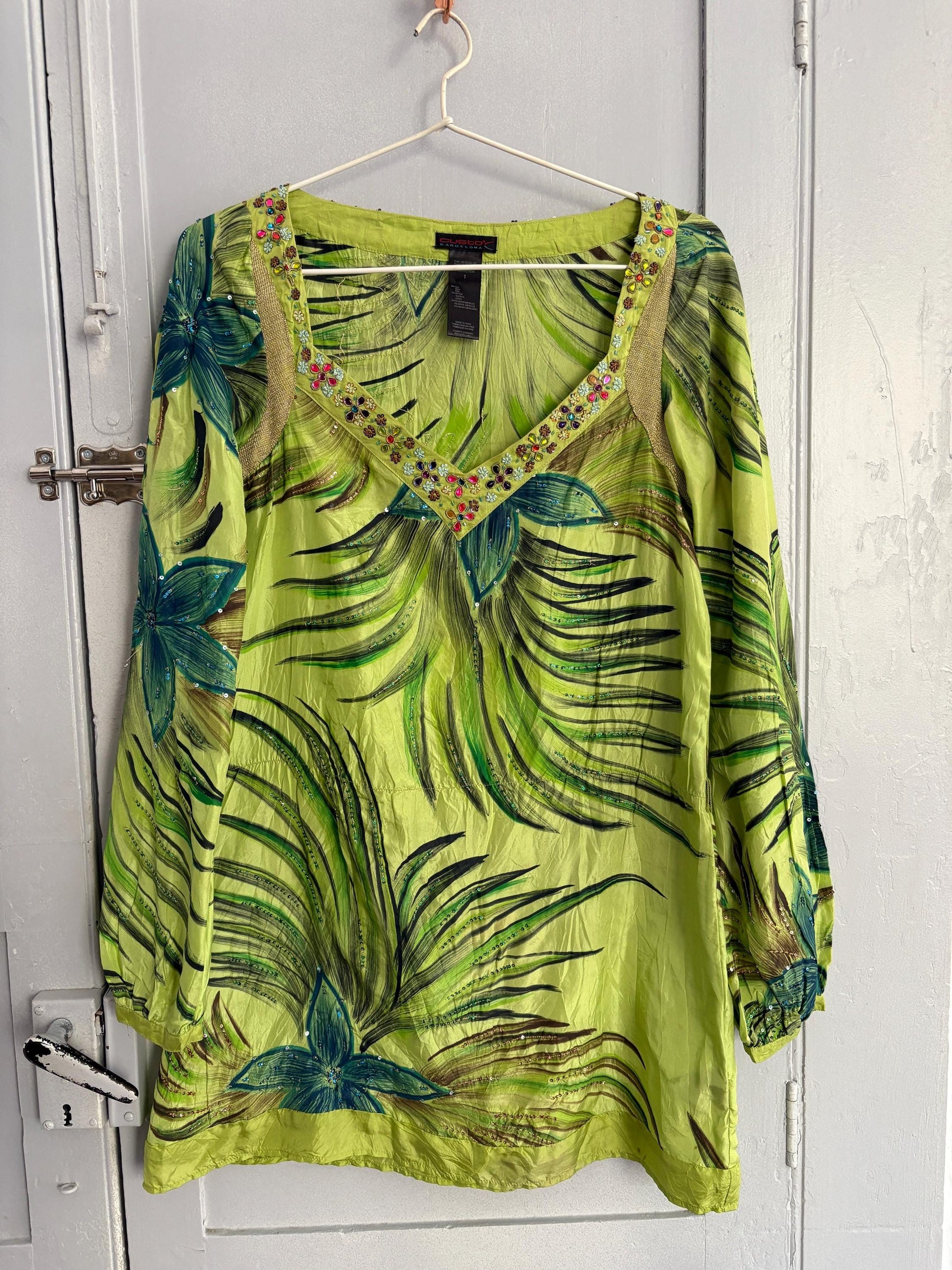 Vintage Luxury SILK Custo Barcelona beach Dress, Long sleeve vibrant green retro mini dress with gold thread and beaded embellishments