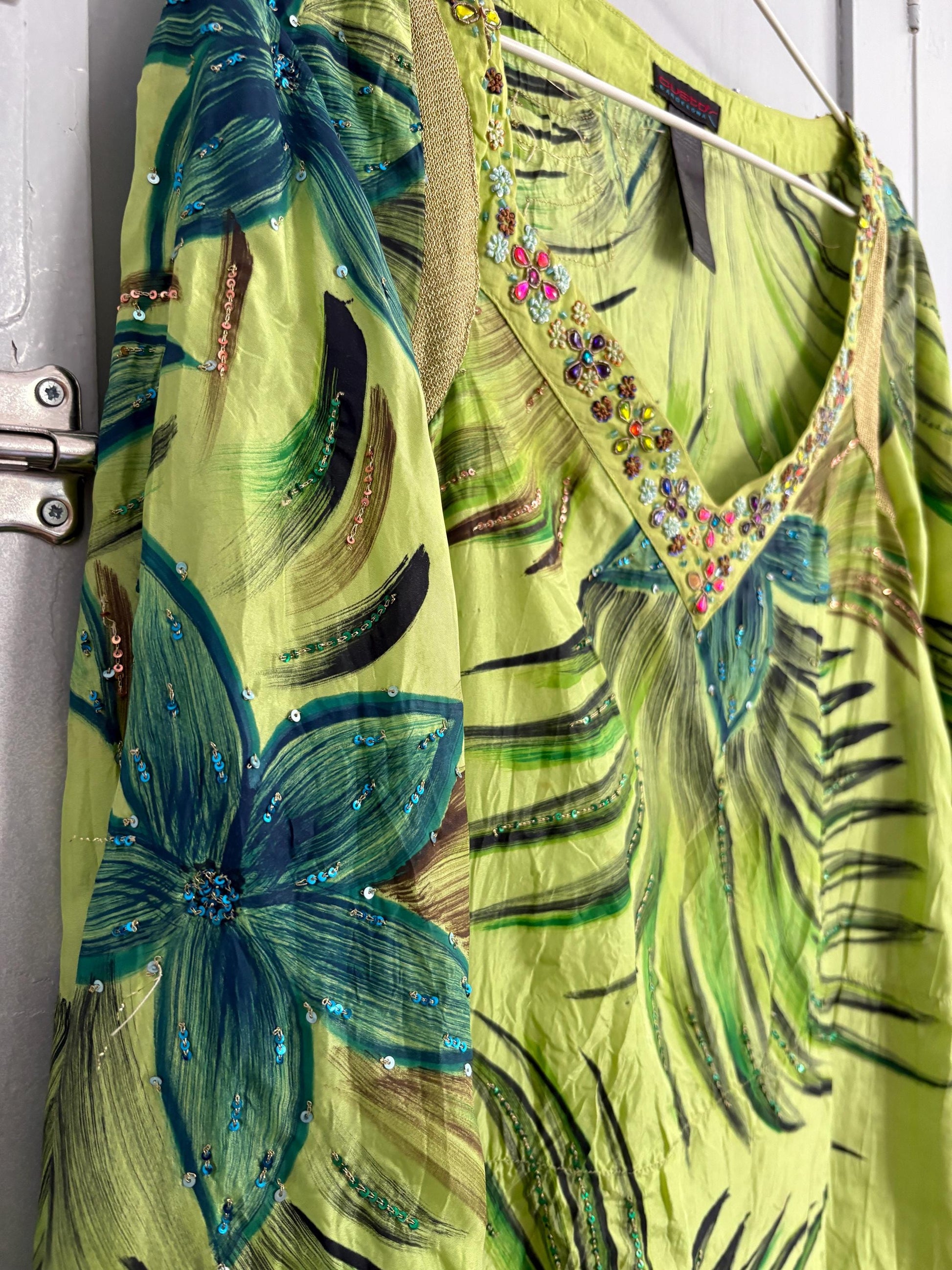 Vintage Luxury SILK Custo Barcelona beach Dress, Long sleeve vibrant green retro mini dress with gold thread and beaded embellishments