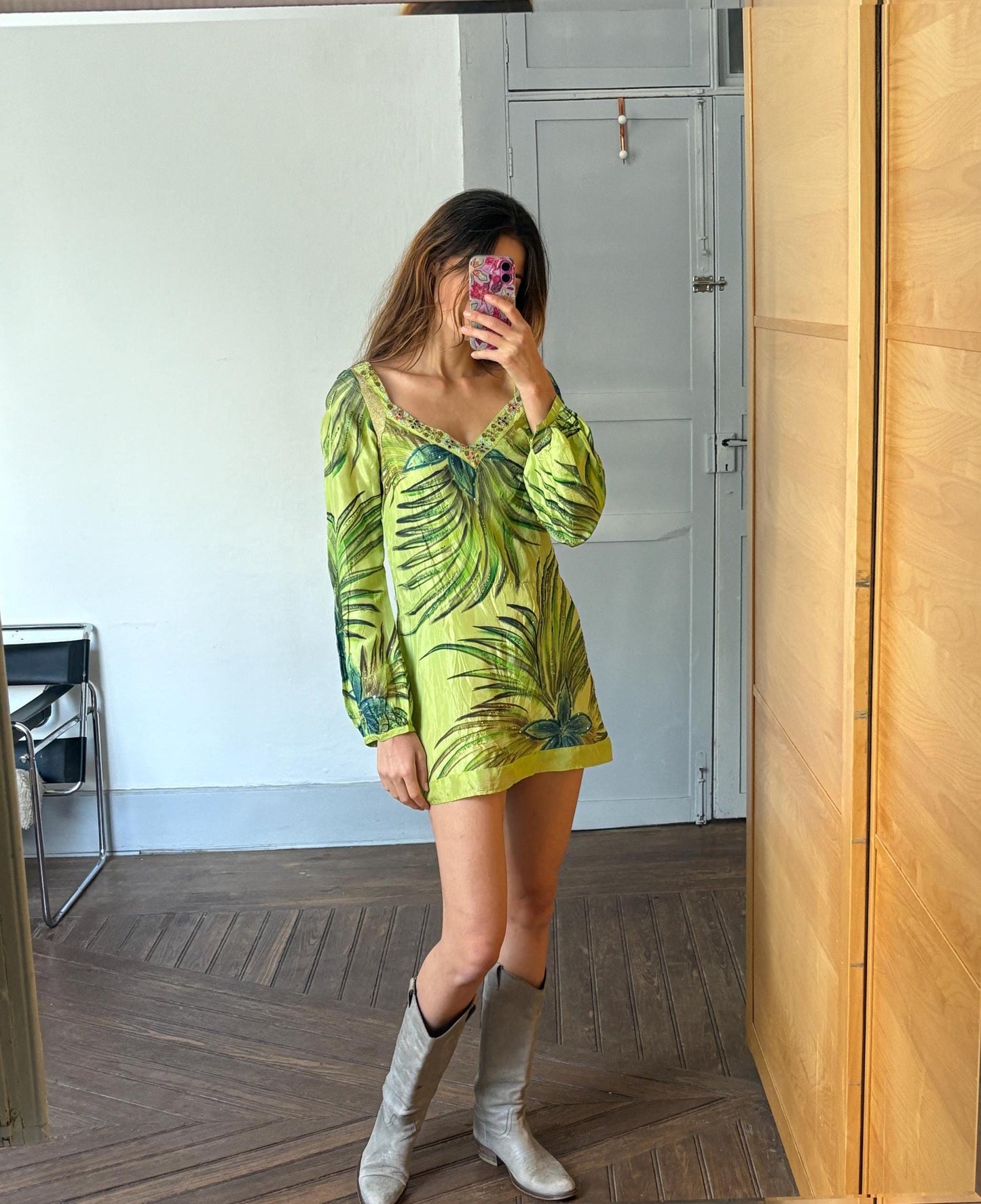 Vintage Luxury SILK Custo Barcelona beach Dress, Long sleeve vibrant green retro mini dress with gold thread and beaded embellishments