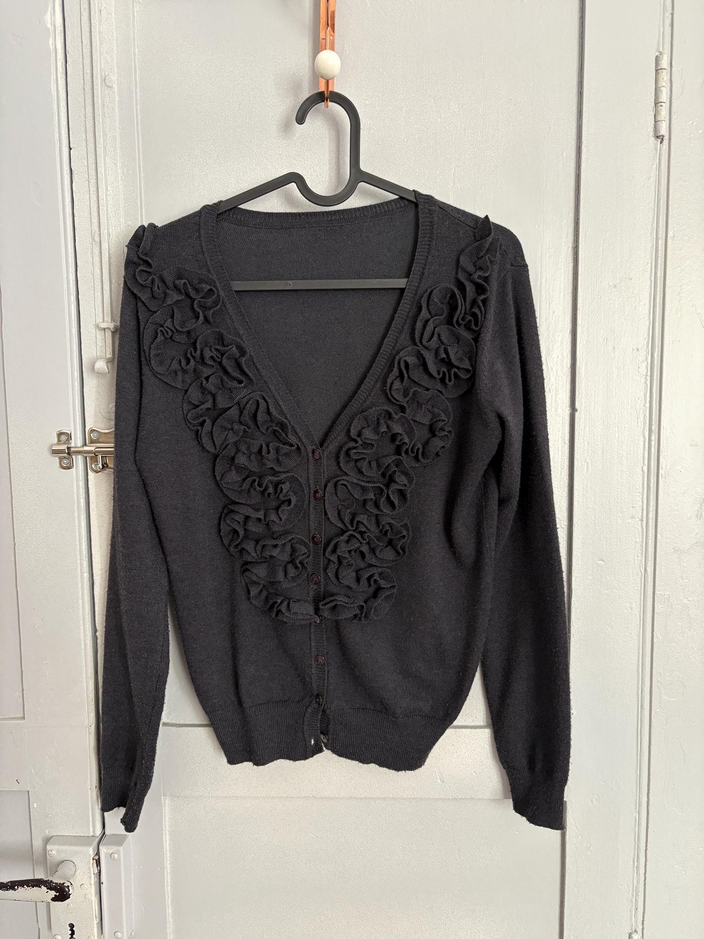 Merino wool and cashmere vintage cardigan - Long sleeved super soft vest, Ruffled Designer winter Jumper, anthracite grey winter wear, S