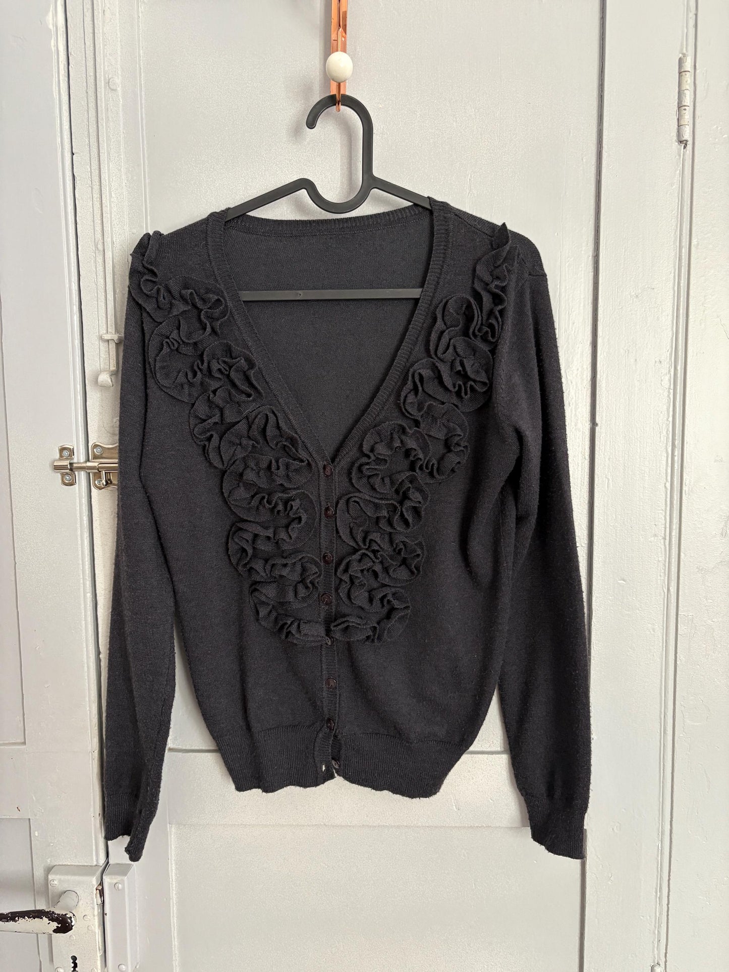 Merino wool cashmere cardigan with ruffle detail | Elegant vintage knit top | Size S | Soft warm luxury layering staple