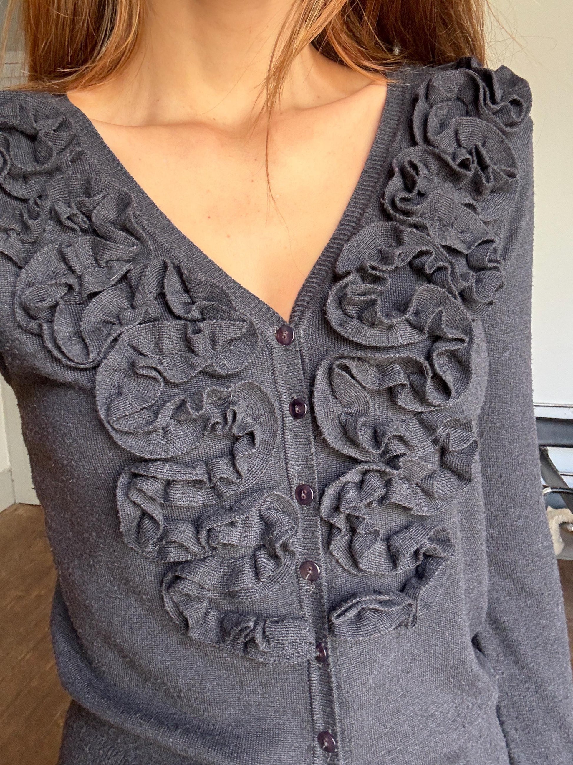 Merino wool and cashmere vintage cardigan - Long sleeved super soft vest, Ruffled Designer winter Jumper, anthracite grey winter wear, S