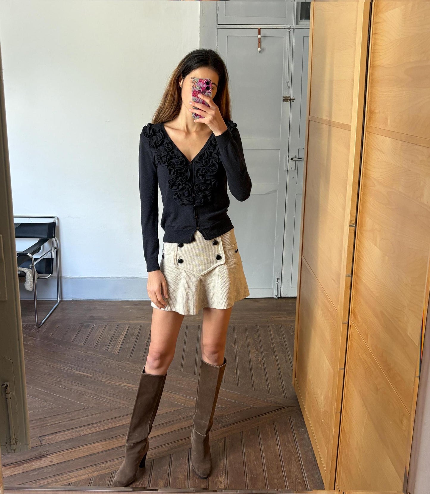 Merino wool and cashmere vintage cardigan - Long sleeved super soft vest, Ruffled Designer winter Jumper, anthracite grey winter wear, S