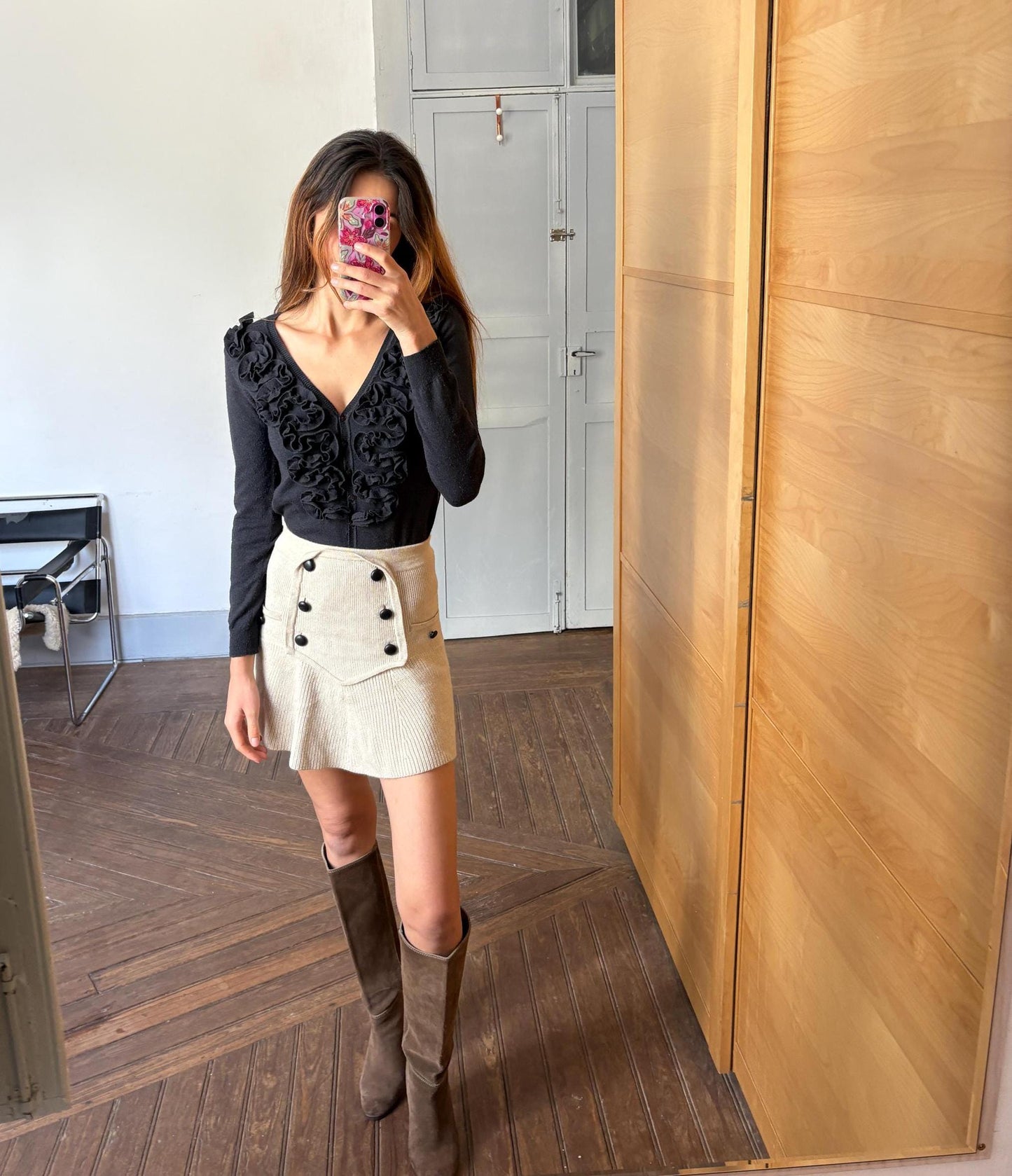 Merino wool and cashmere vintage cardigan - Long sleeved super soft vest, Ruffled Designer winter Jumper, anthracite grey winter wear, S