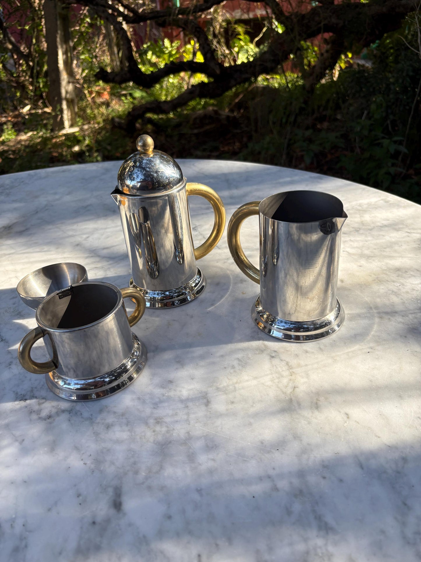 Vintage breakfast set of Italian 80's Inoxpran coffee pot, sugar bowl and milk jug, 6-cup espresso coffee maker, hot water kettle