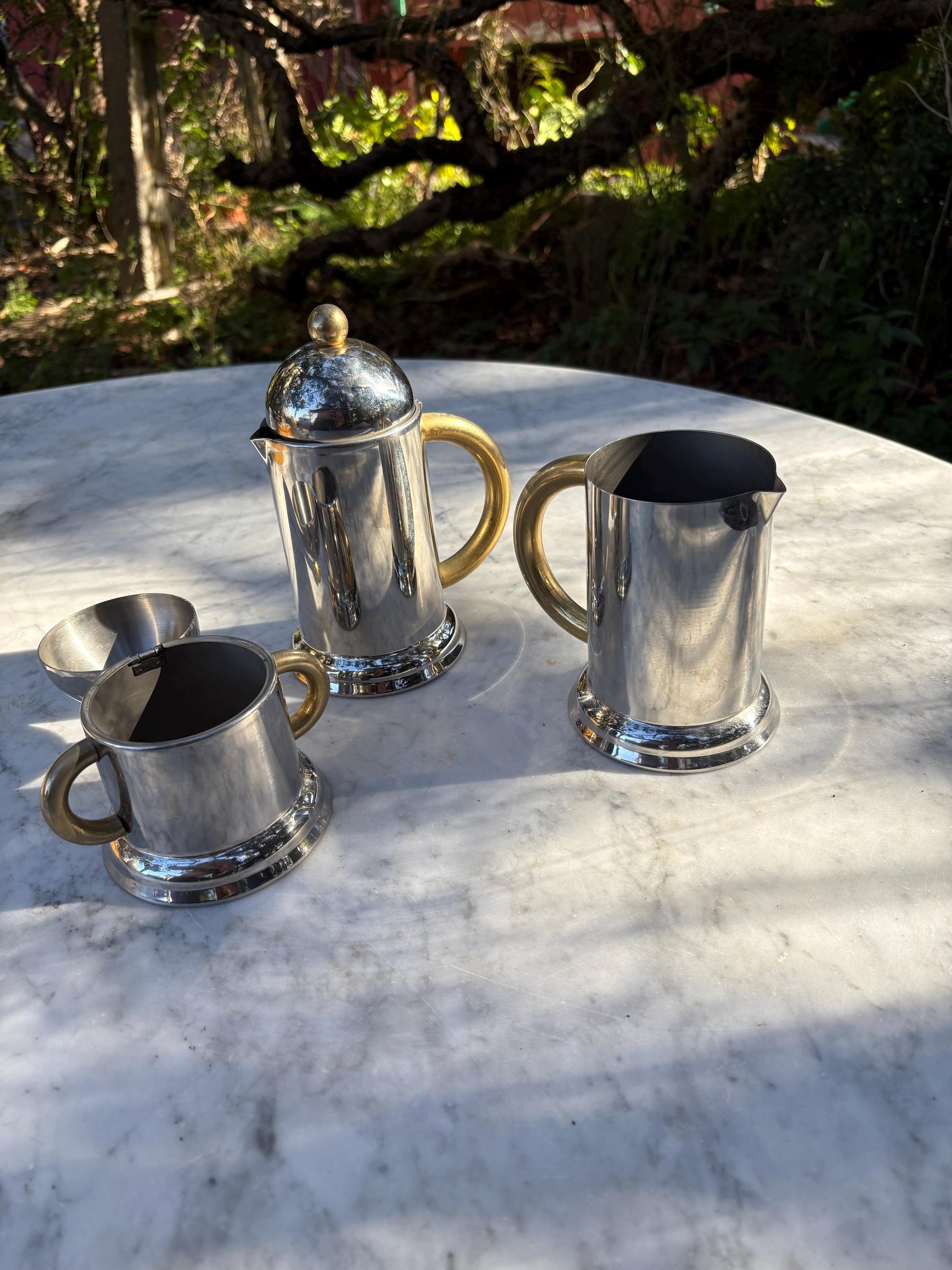 Vintage breakfast set of Italian 80's Inoxpran coffee pot, sugar bowl and milk jug, 6-cup espresso coffee maker, hot water kettle