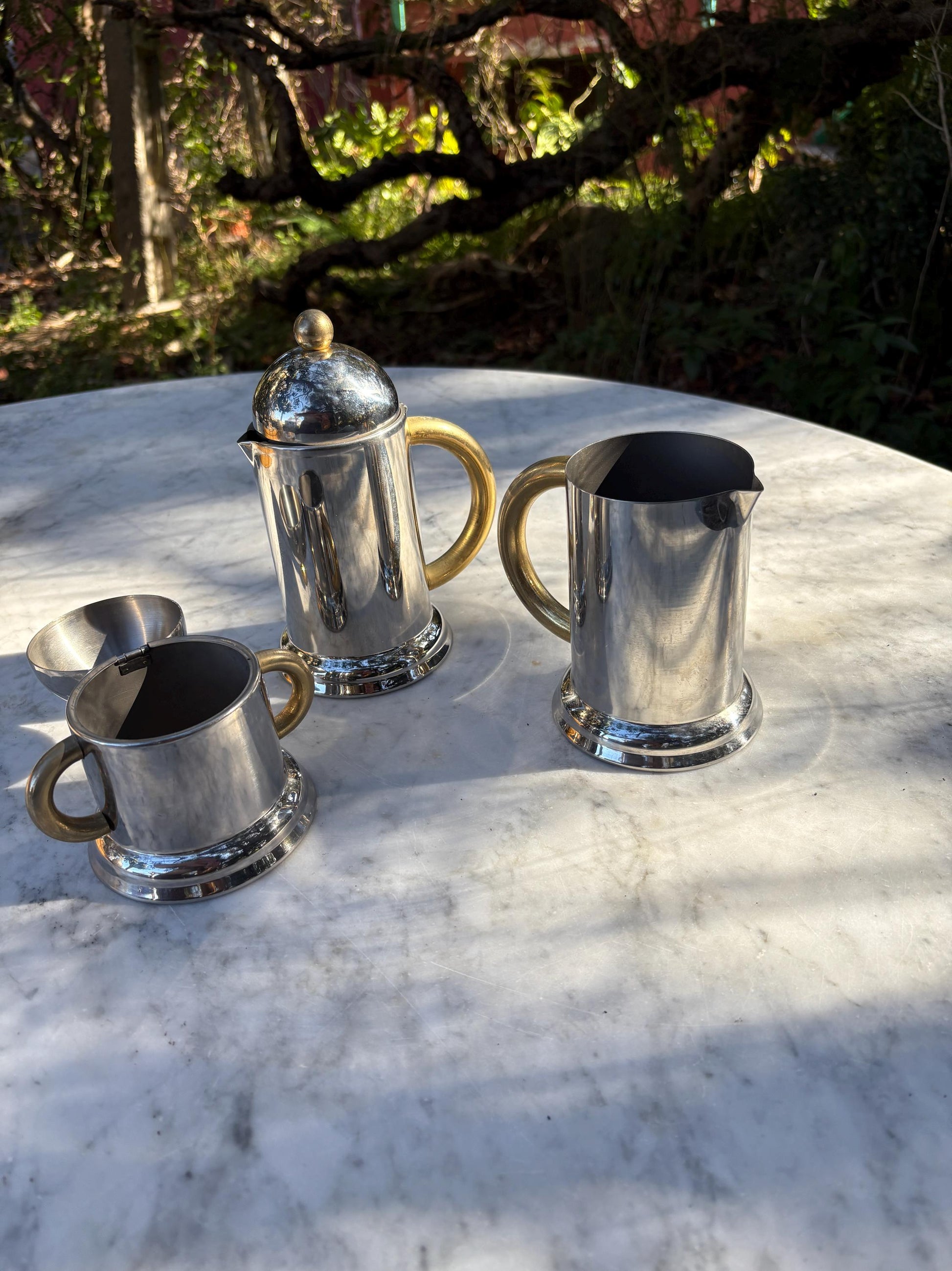 Vintage breakfast set of Italian 80's Inoxpran coffee pot, sugar bowl and milk jug, 6-cup espresso coffee maker, hot water kettle