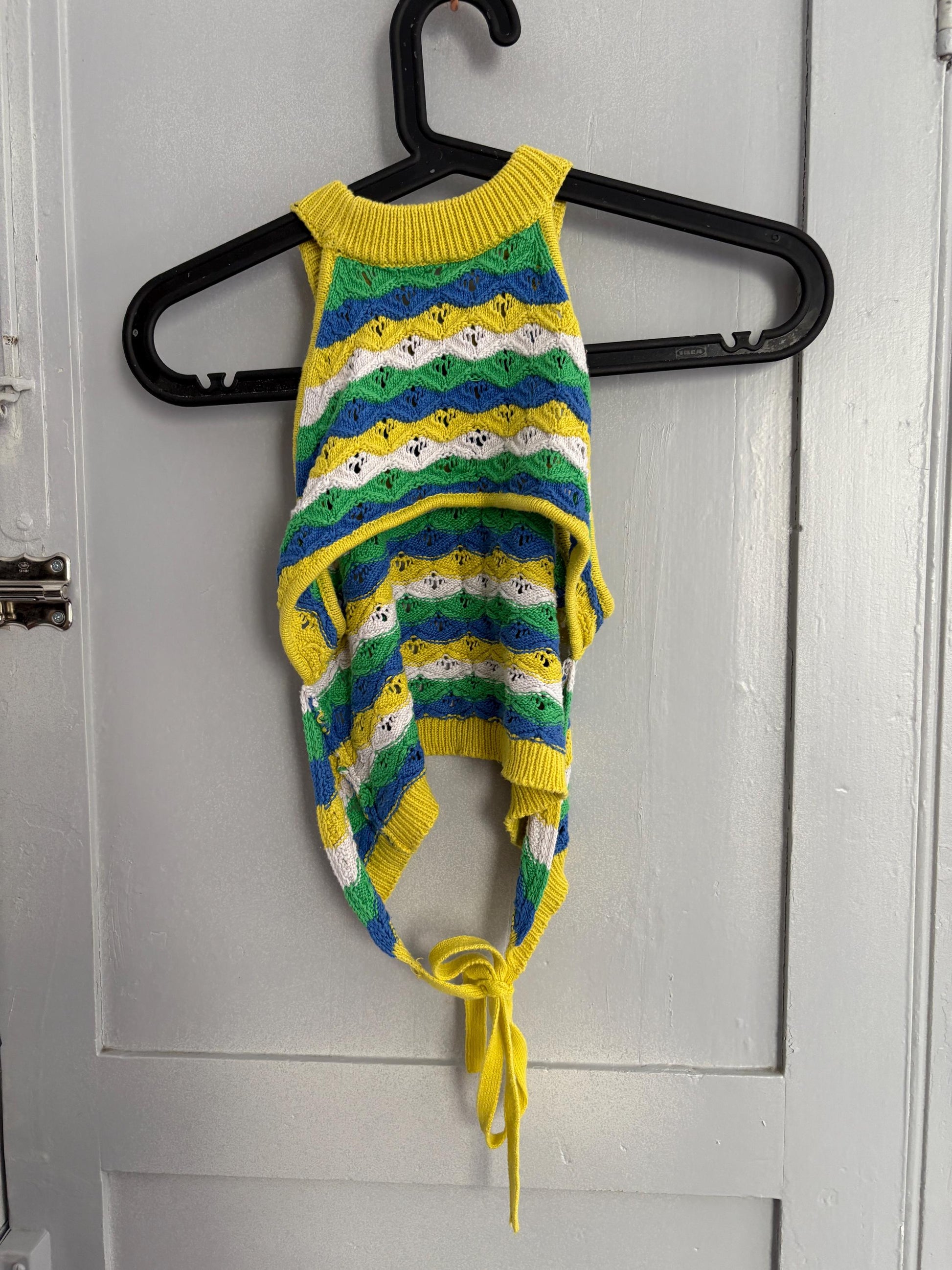 Vintage Vibrant yellow and green crochet woman camisole, Retro colourful knit crop top, Sleeveless colourful feminine festival wear