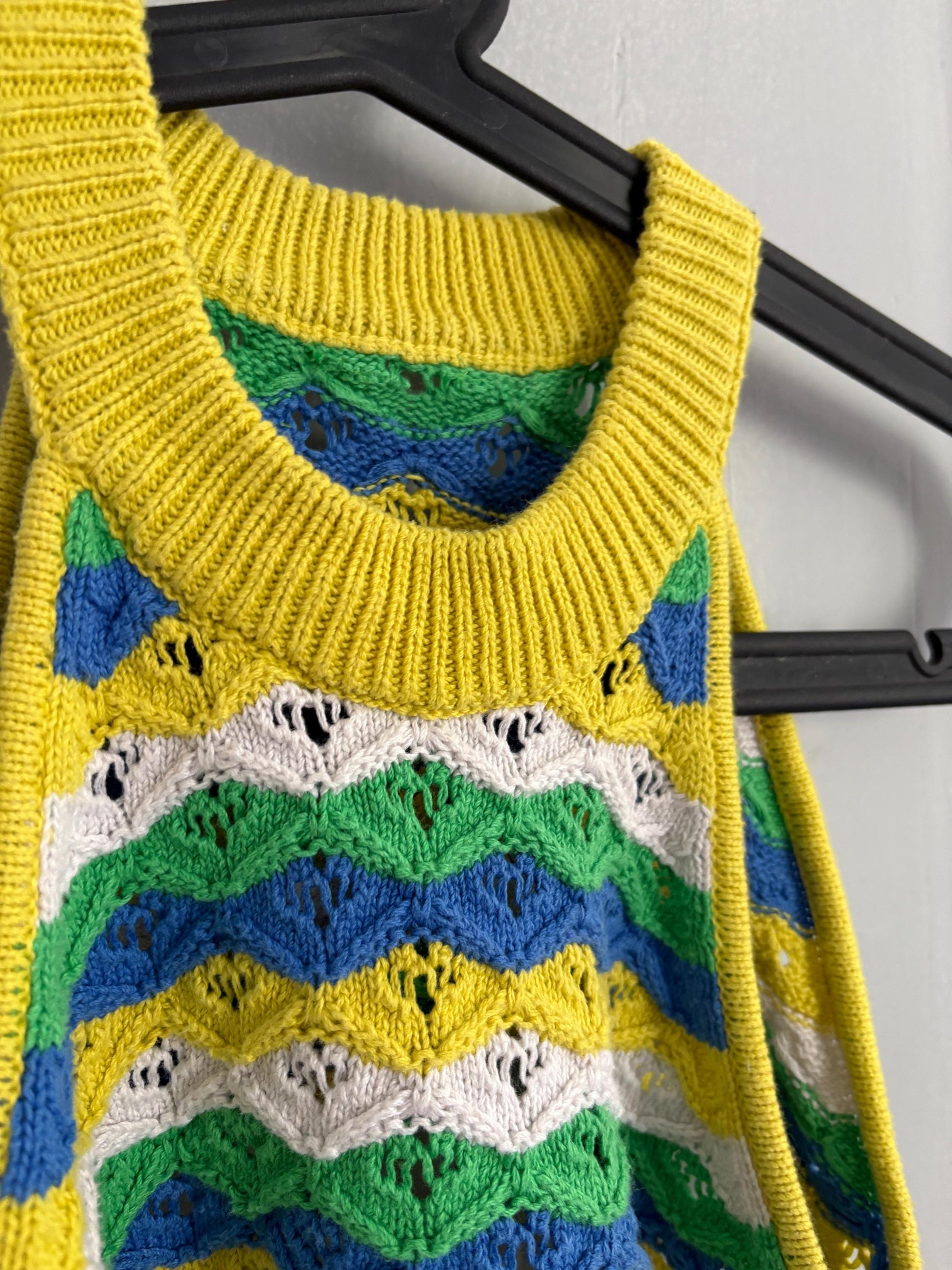 Vintage Vibrant yellow and green crochet woman camisole, Retro colourful knit crop top, Sleeveless colourful feminine festival wear