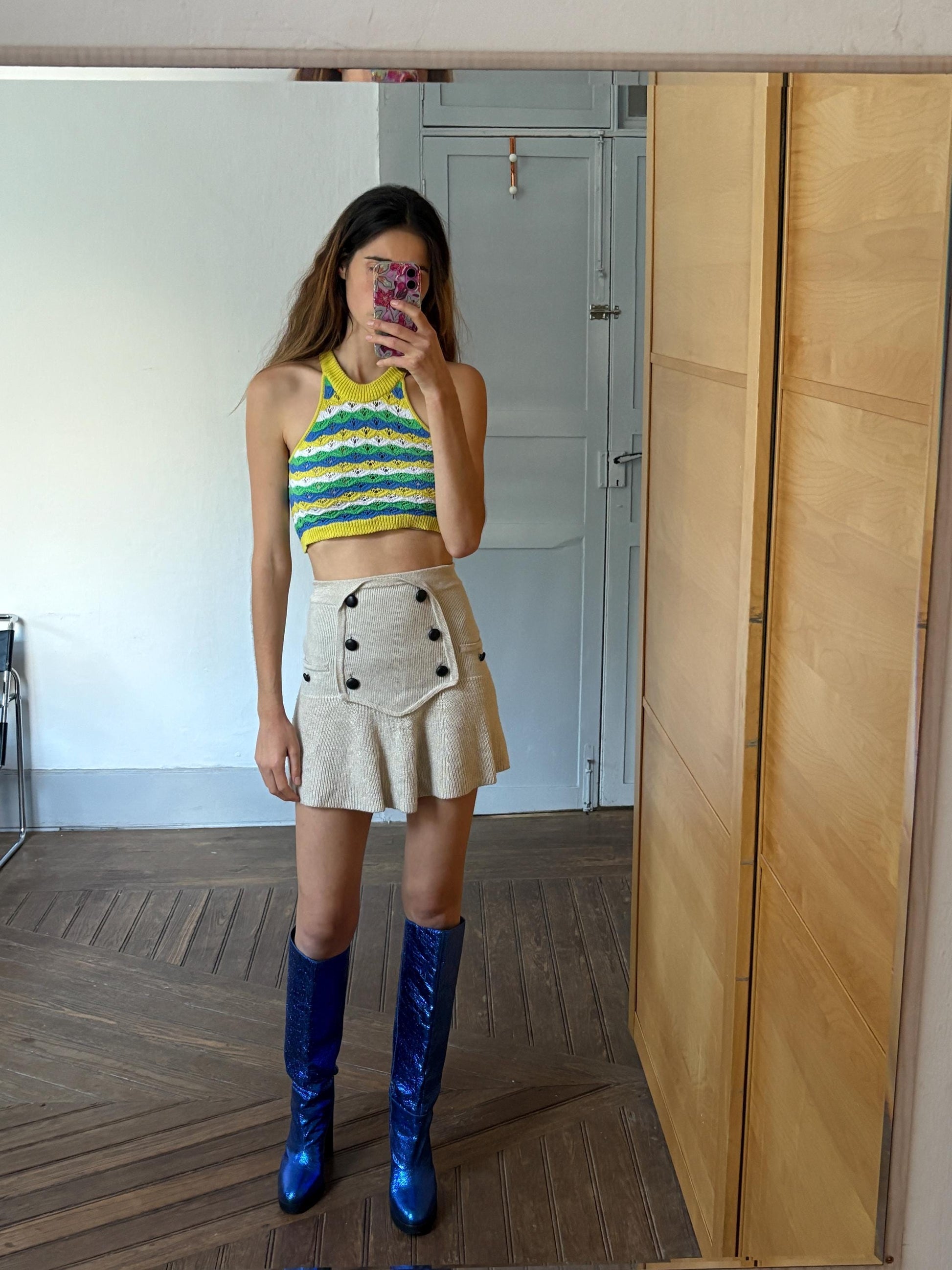 Vintage Vibrant yellow and green crochet woman camisole, Retro colourful knit crop top, Sleeveless colourful feminine festival wear