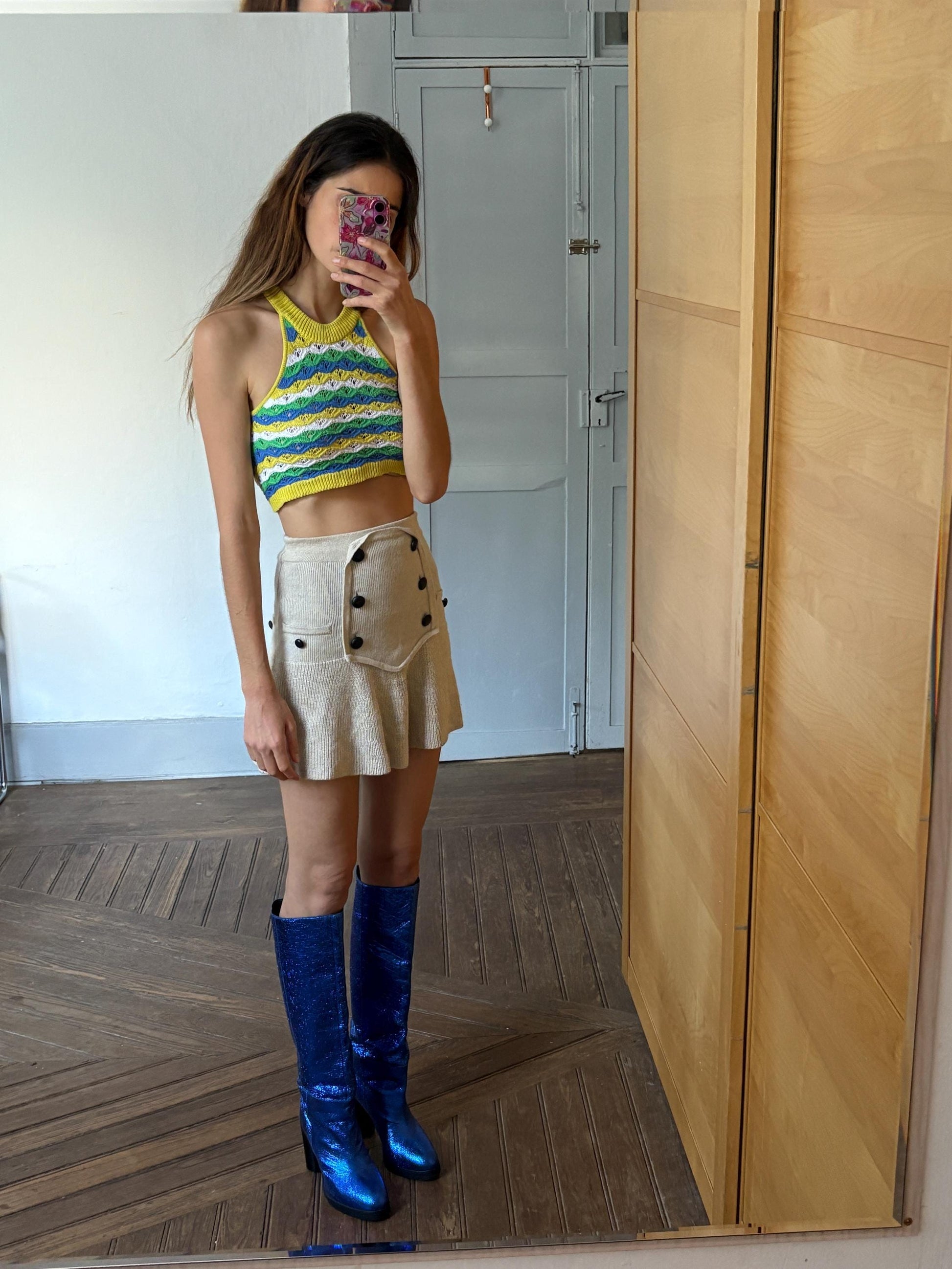 Vintage Vibrant yellow and green crochet woman camisole, Retro colourful knit crop top, Sleeveless colourful feminine festival wear