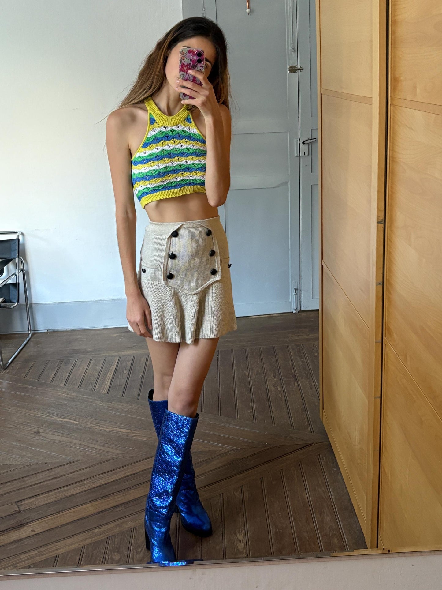 Vintage Vibrant yellow and green crochet woman camisole, Retro colourful knit crop top, Sleeveless colourful feminine festival wear