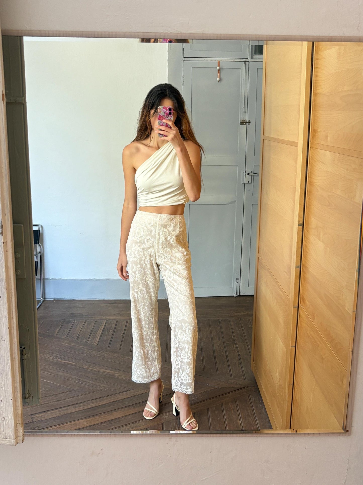 Romantic vintage floral lace pants | Ivory nude mesh trousers | Size EU 46 / 3X | Wedding guest look or dreamy elegant everyday fit