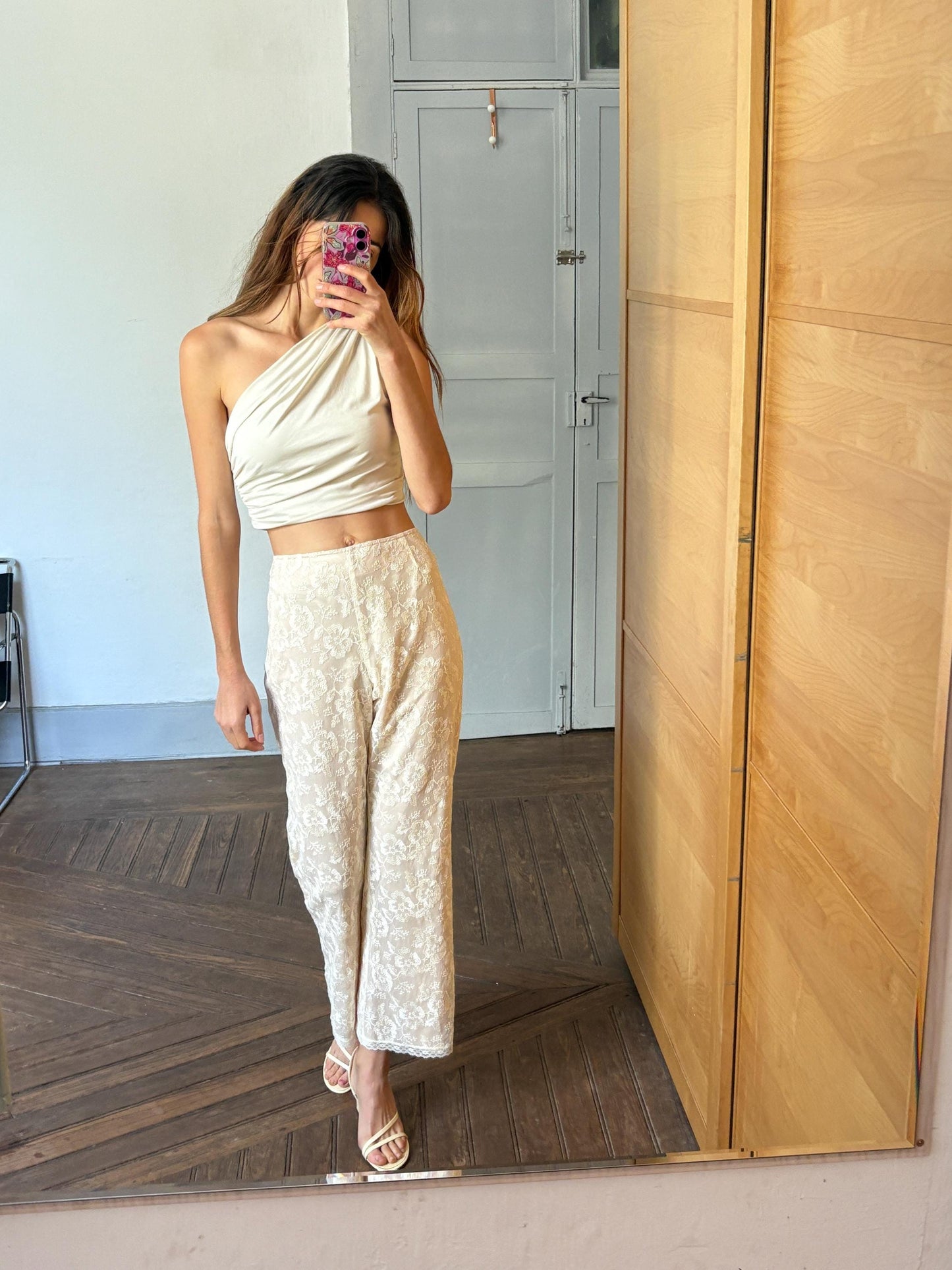 Romantic vintage floral lace pants | Ivory nude mesh trousers | Size EU 46 / 3X | Wedding guest look or dreamy elegant everyday fit