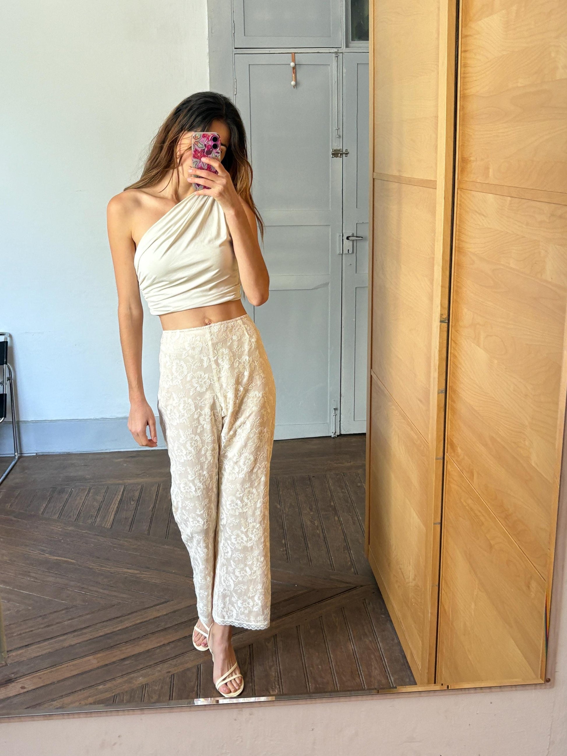 Romantic vintage floral lace pants | Ivory nude mesh trousers | Size EU 46 / 3X | Wedding guest look or dreamy elegant everyday fit