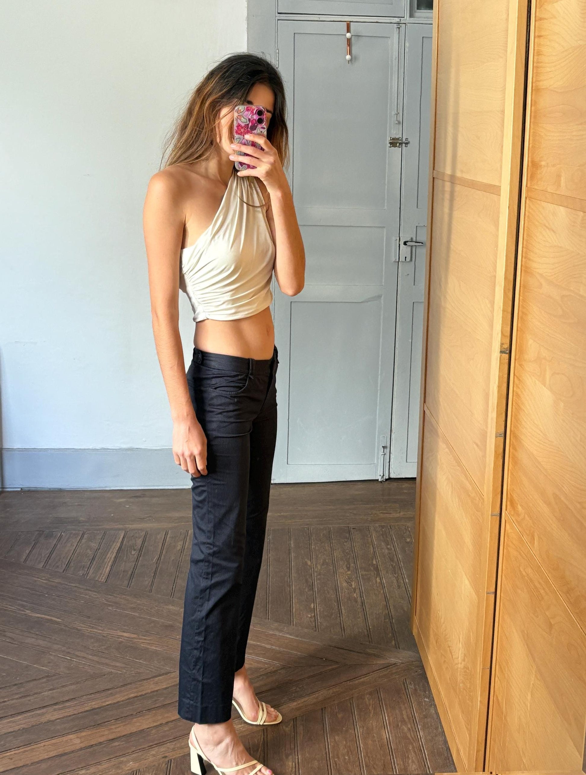 Dark Navy Pinstripe Flared Trousers — back view