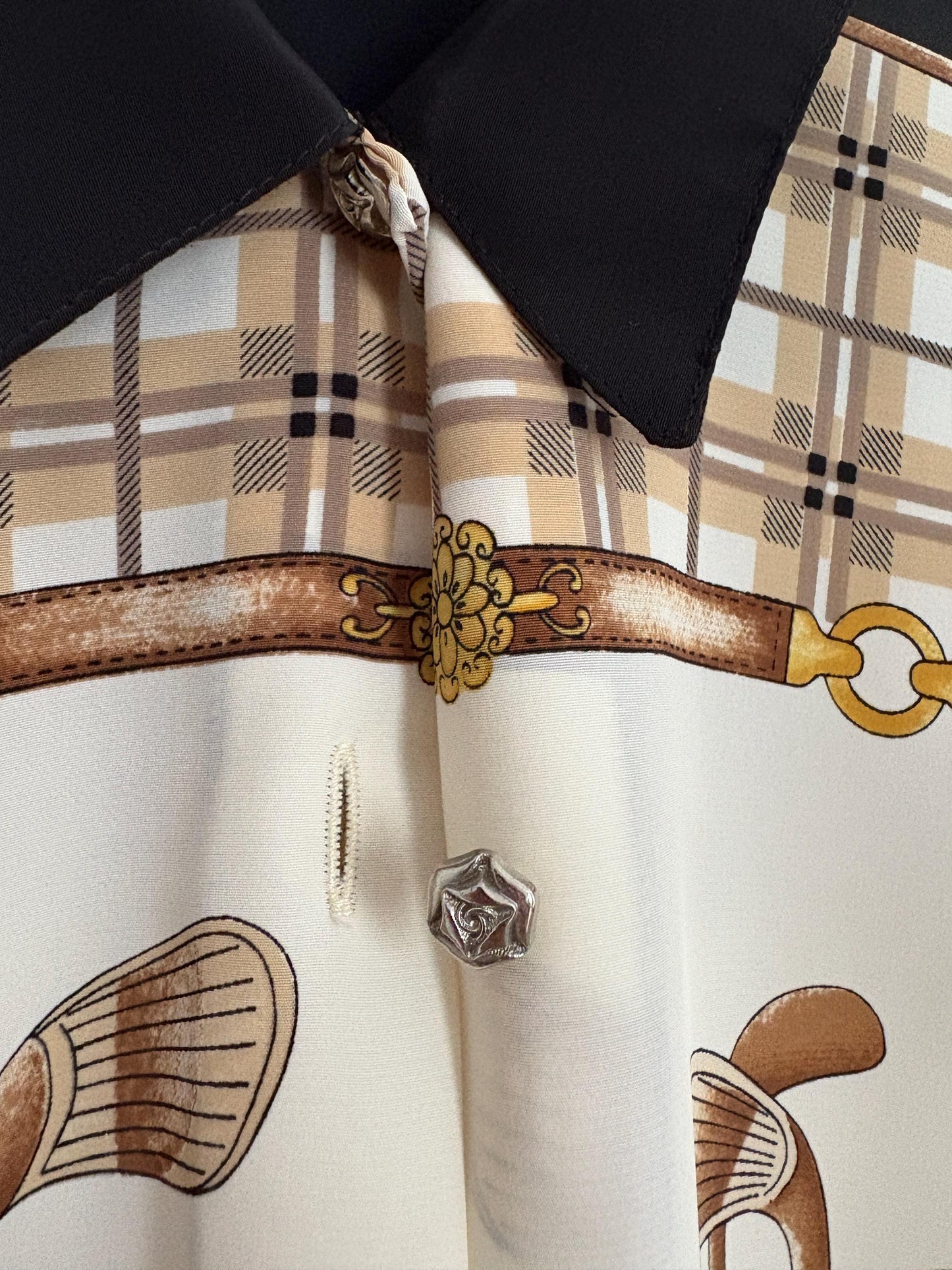 Vintage retro button up shirt, Plaid Floral blouse, Black, beige and gold colourful patterned top, Cute long sleeve summer shirt,