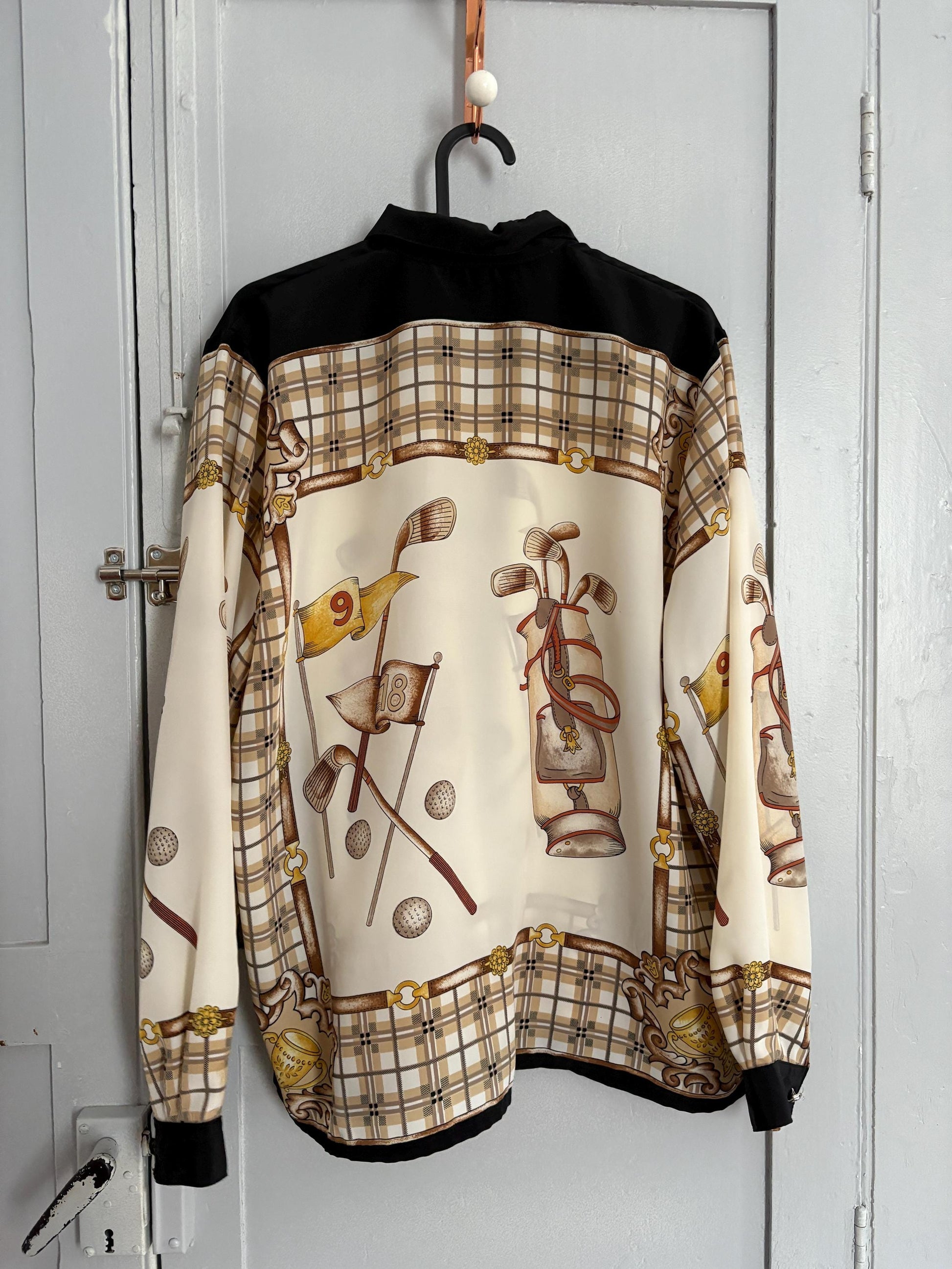 Vintage retro button up shirt, Plaid Floral blouse, Black, beige and gold colourful patterned top, Cute long sleeve summer shirt,