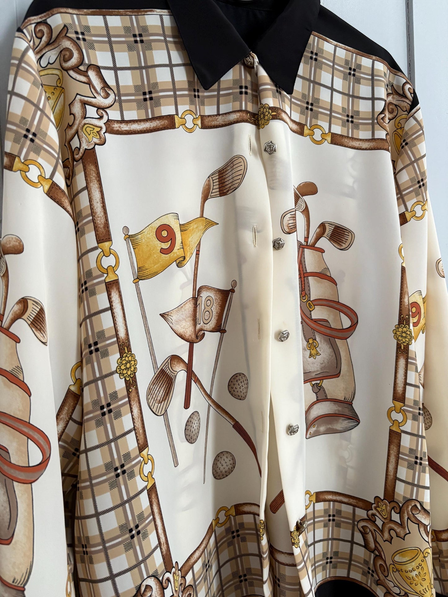 Vintage retro button up shirt, Plaid Floral blouse, Black, beige and gold colourful patterned top, Cute long sleeve summer shirt,