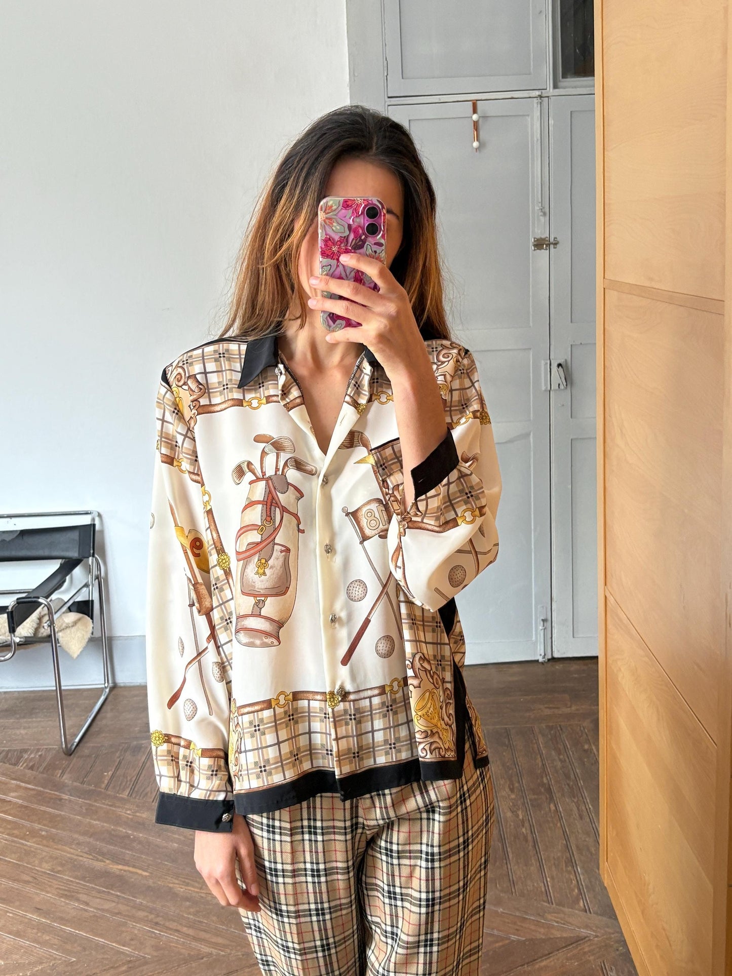 Vintage retro button up shirt, Plaid Floral blouse, Black, beige and gold colourful patterned top, Cute long sleeve summer shirt,