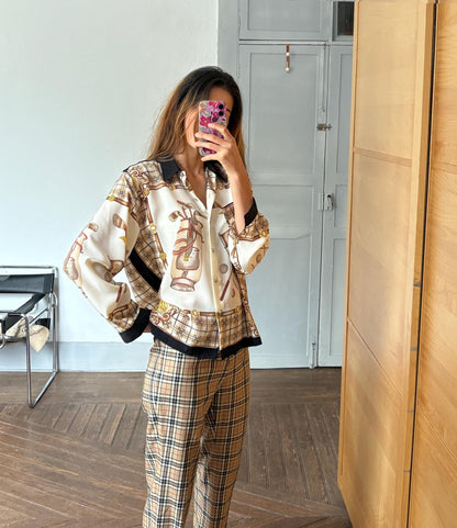 Vintage Plaid Floral Button-Up Shirt — fabric close-up
