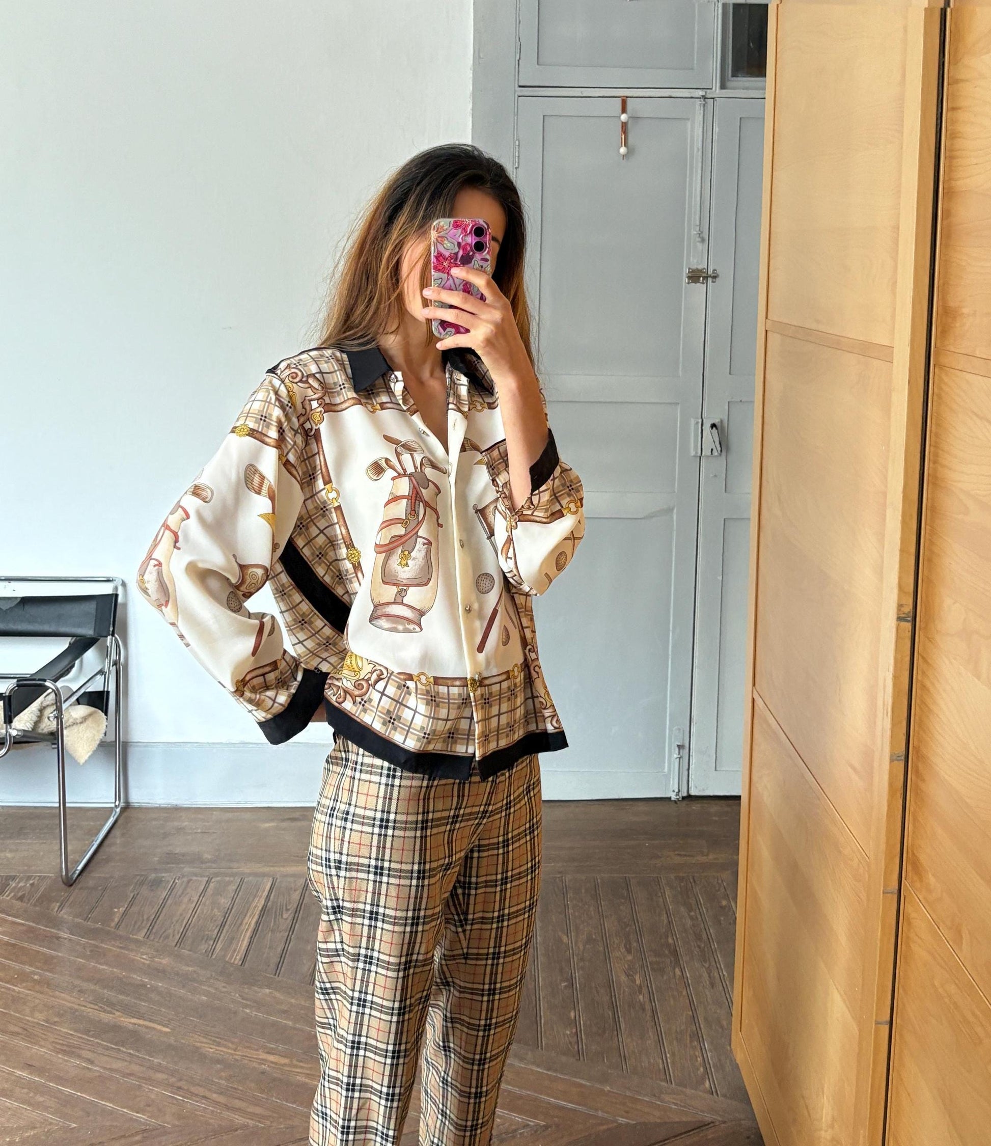 Vintage retro button up shirt, Plaid Floral blouse, Black, beige and gold colourful patterned top, Cute long sleeve summer shirt,