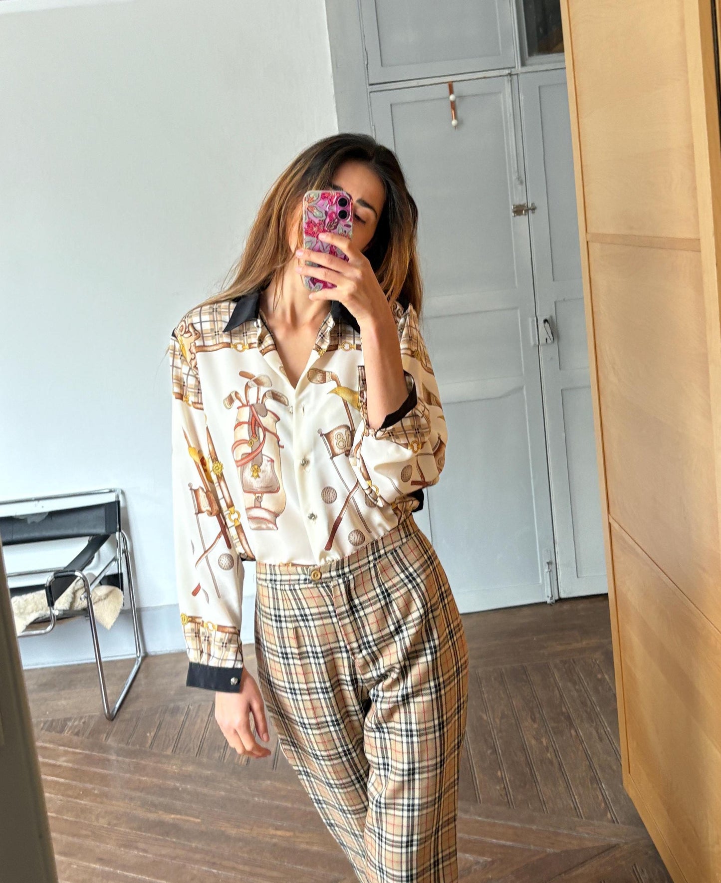 Vintage retro button up shirt, Plaid Floral blouse, Black, beige and gold colourful patterned top, Cute long sleeve summer shirt,