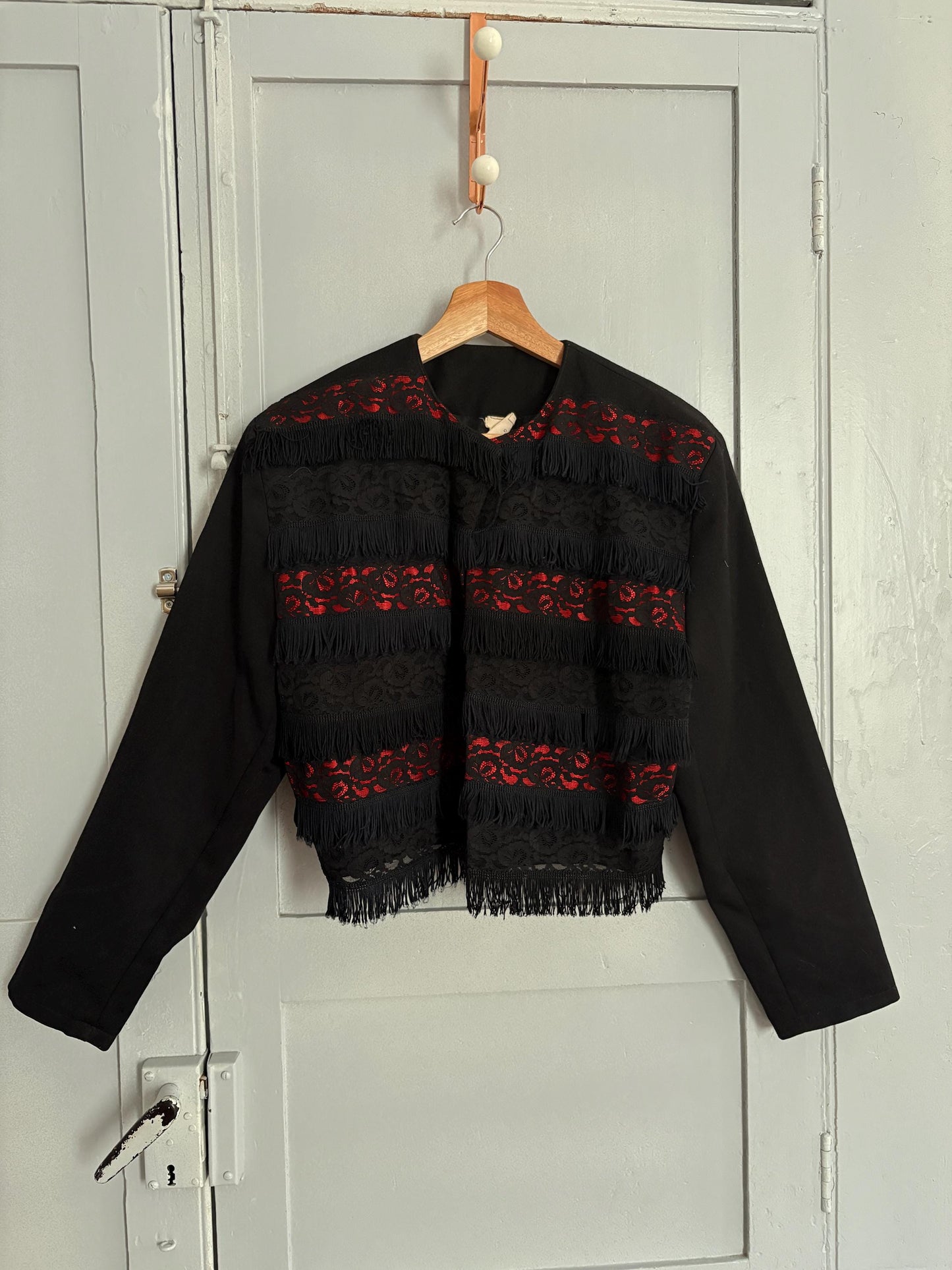 Vintage BENTLEY made in France black and red Jacket - Chic Gothic 70s Style Cropped Coat with lace and fringe detailing, Size M