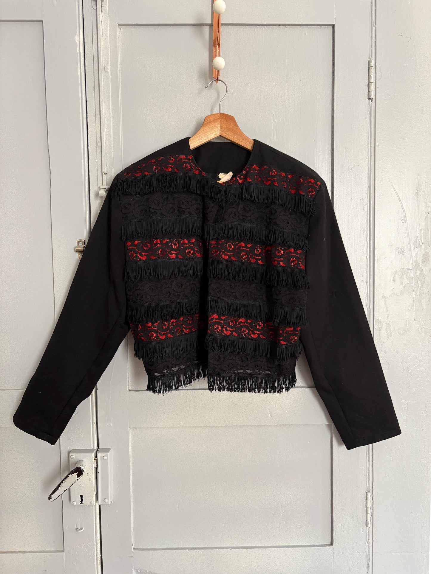 Vintage BENTLEY made in France black and red Jacket - Chic Gothic 70s Style Cropped Coat with lace and fringe detailing, Size M