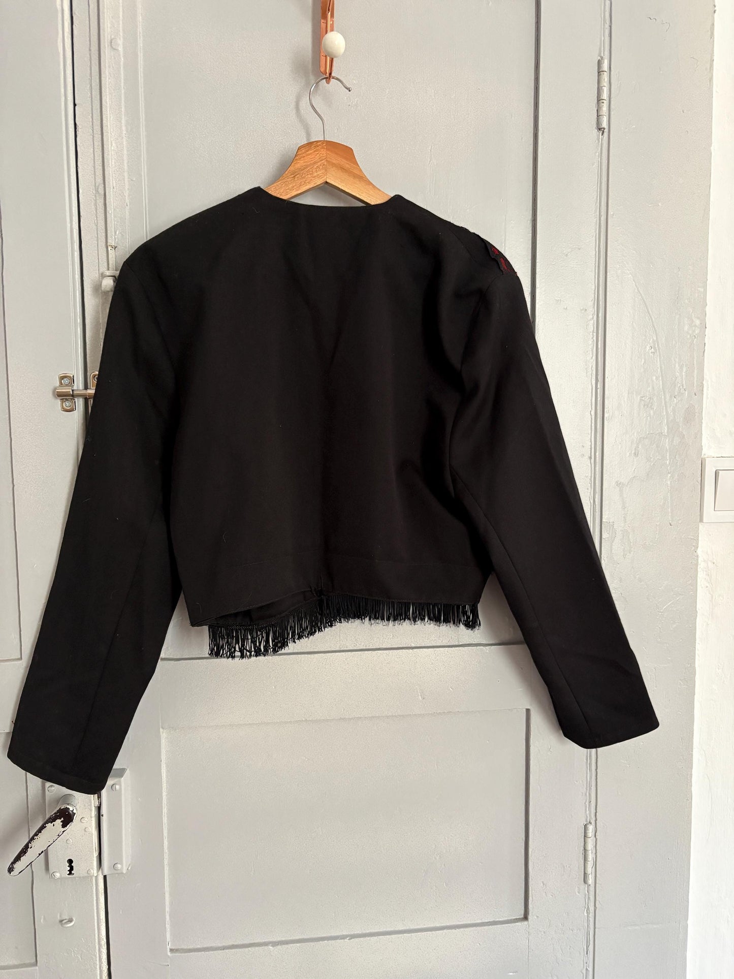 Vintage BENTLEY made in France black and red Jacket - Chic Gothic 70s Style Cropped Coat with lace and fringe detailing, Size M