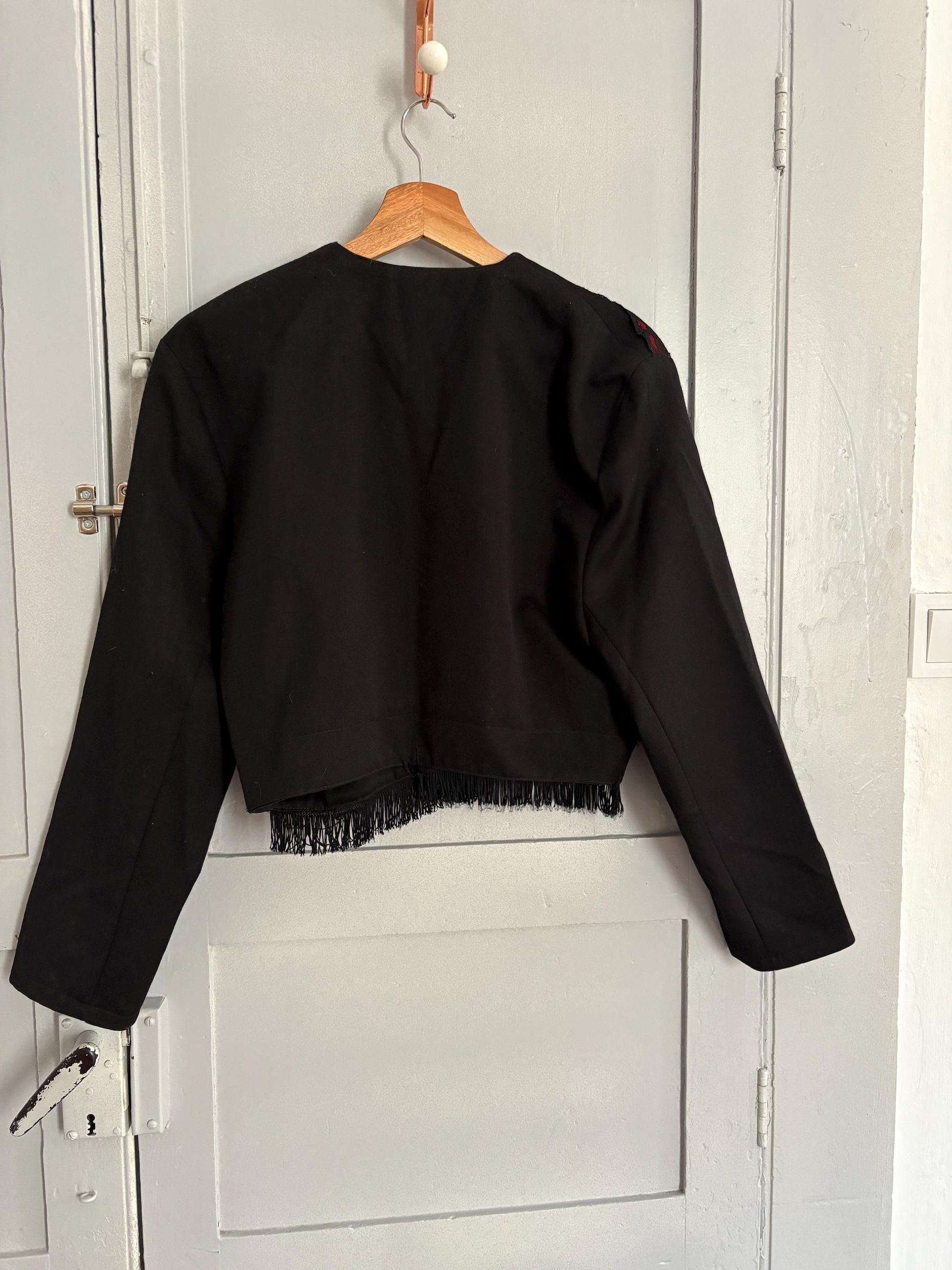 Vintage BENTLEY made in France black and red Jacket - Chic Gothic 70s Style Cropped Coat with lace and fringe detailing, Size M