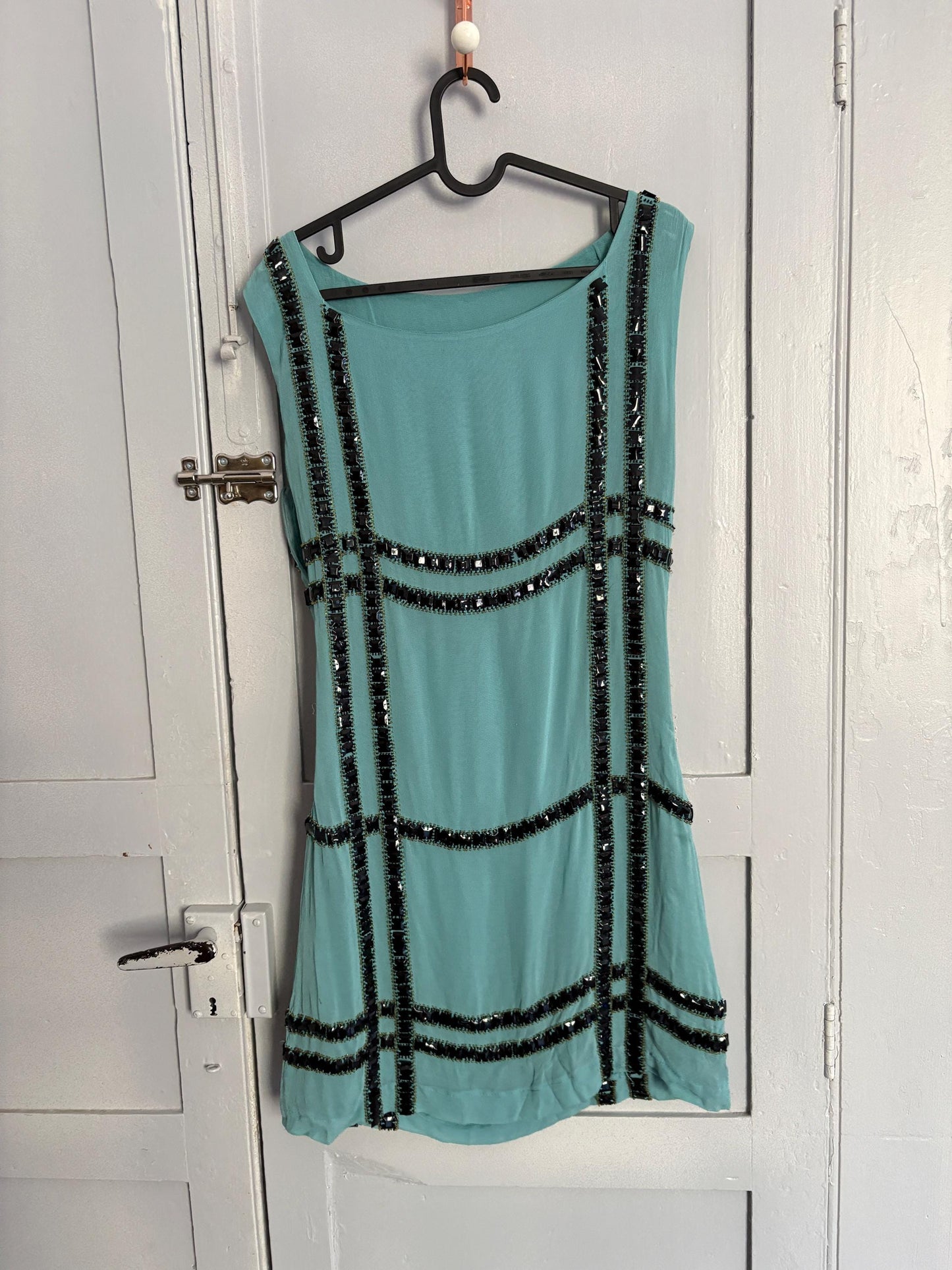 Vintage Light Blue Mini Dress with Black Beaded Embellishment | 60s Space Age Mod | Fits EU36 / US4–6 / UK8