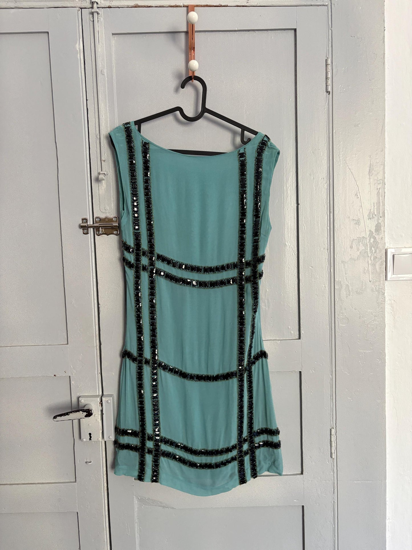 Vintage blue mini dress, Embellished retro 70s dress, Roaring 20s festive mini dress