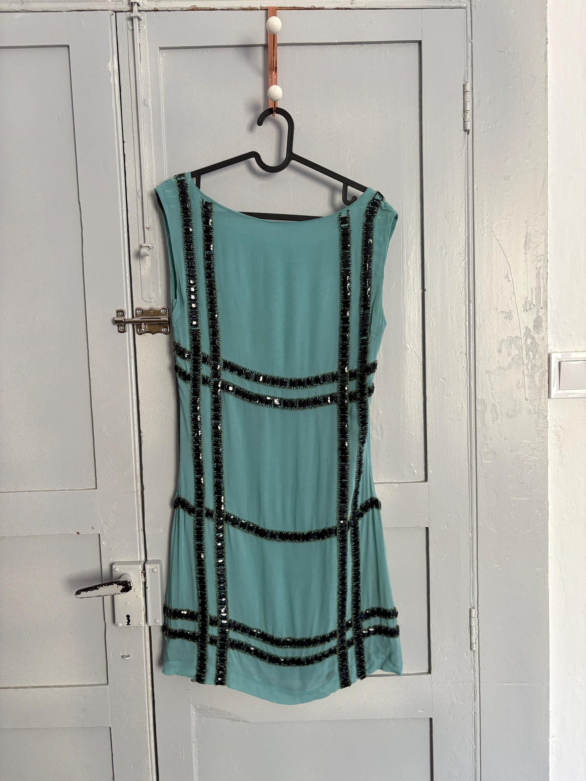 Vintage Light Blue Mini Dress with Black Beaded Embellishment | 60s Space Age Mod | Fits EU36 / US4–6 / UK8