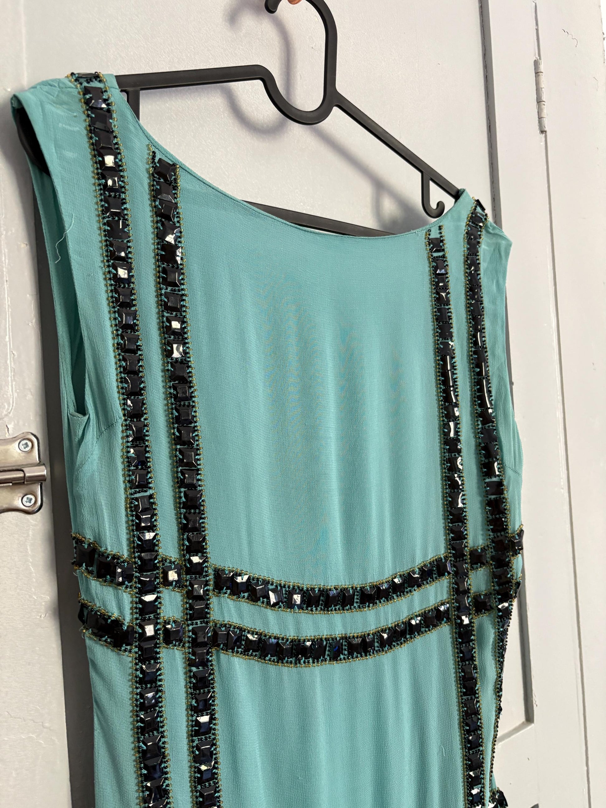 Vintage Light Blue Mini Dress with Black Beaded Embellishment | 60s Space Age Mod | Fits EU36 / US4–6 / UK8