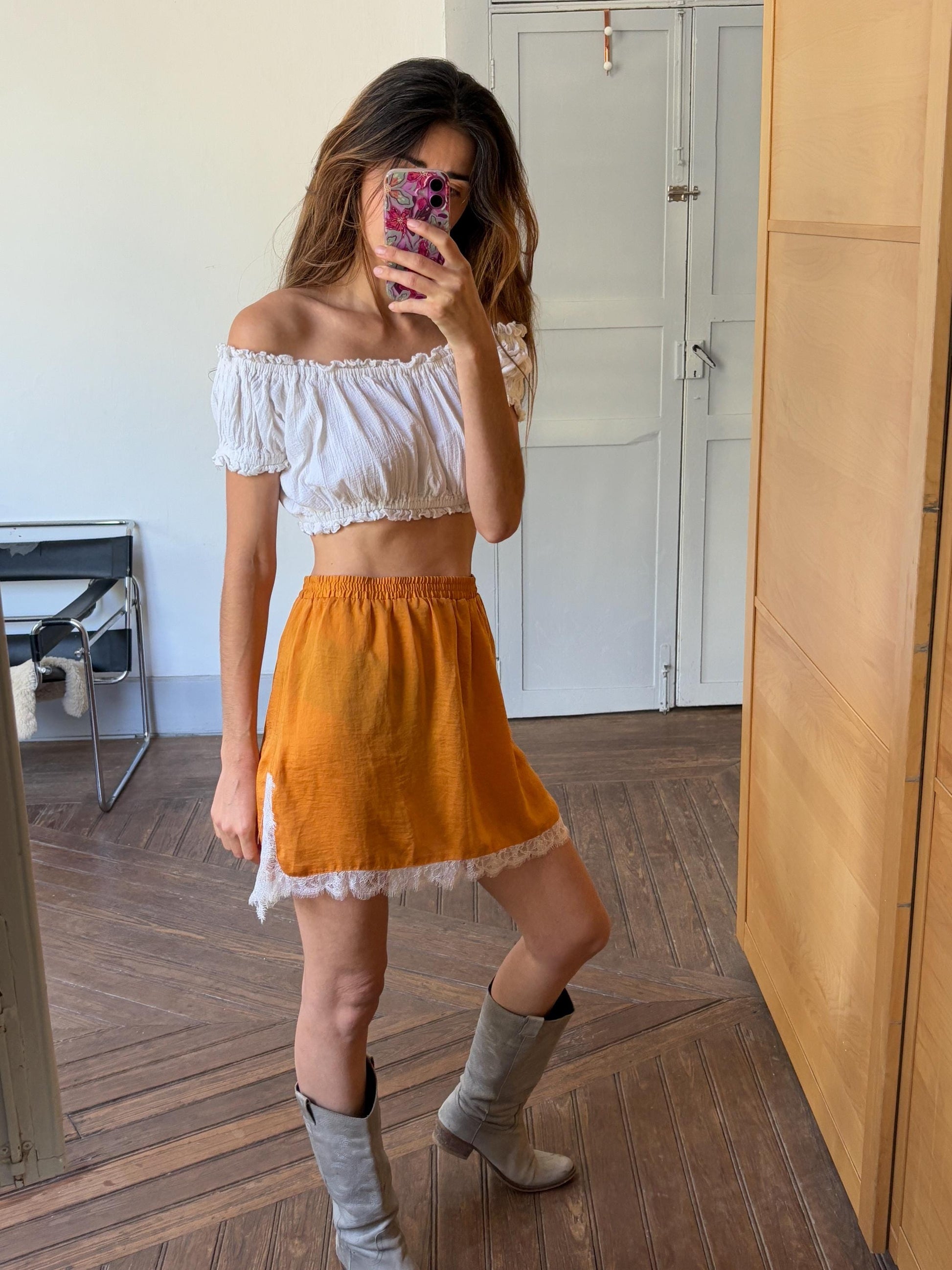 Sexy short orange and white lace mini Skirt, Lightweight summer skirt with elastic waistline