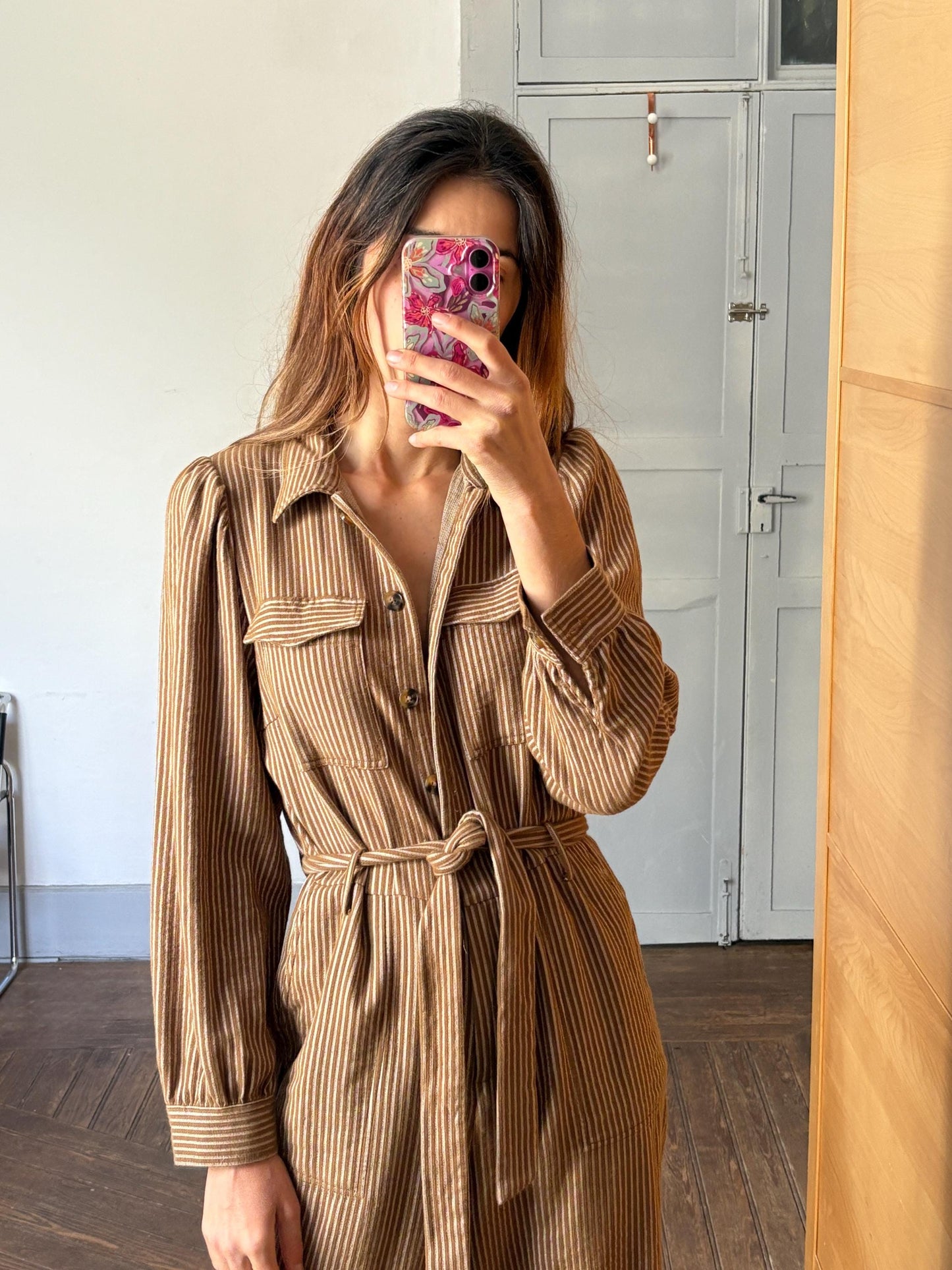 Vintage brown and white striped jumpsuit, Retro long pants work wear, Feminine strap waistline playsuit, Natural earthy woman wear