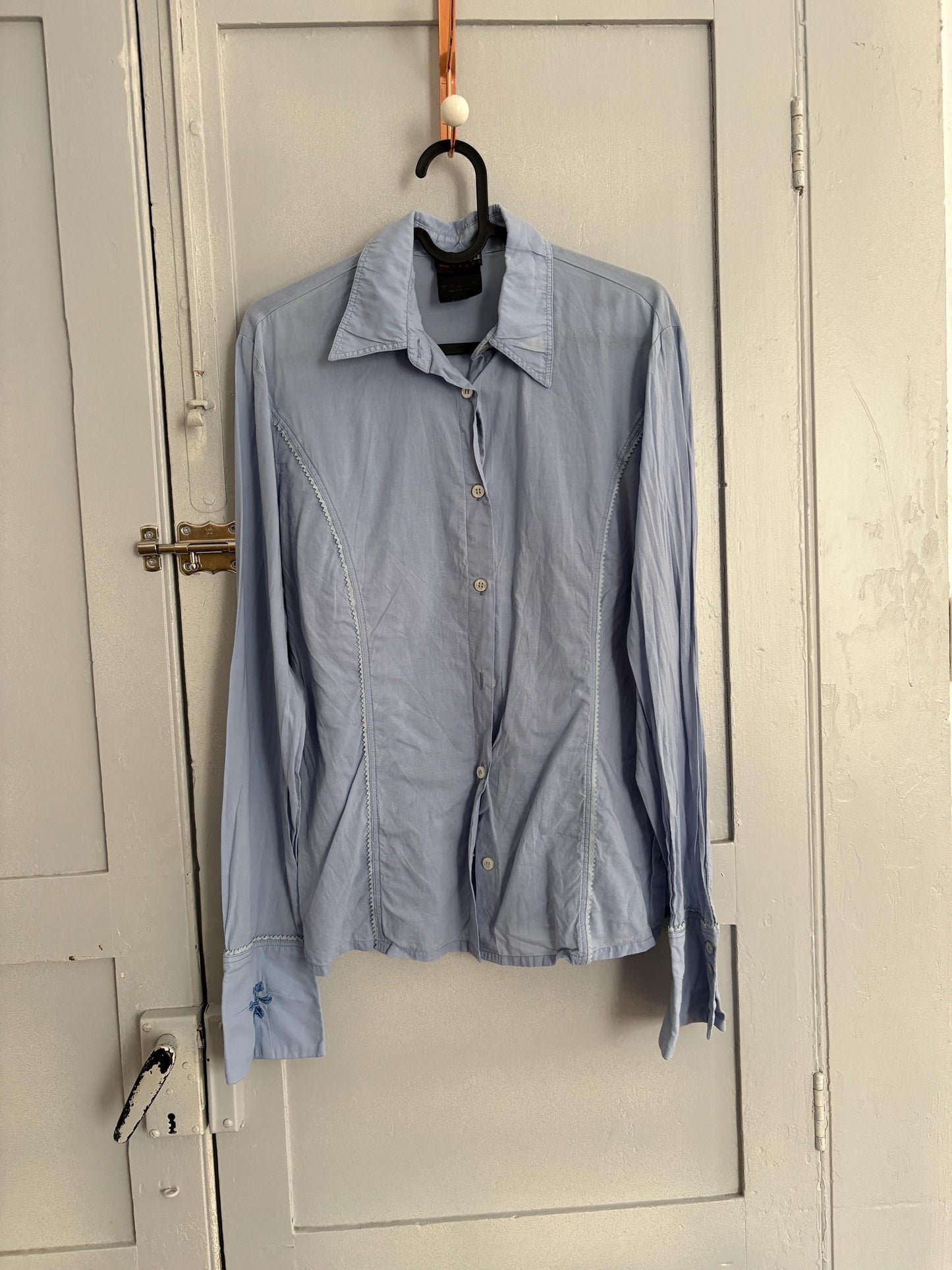 Vintage Versace Sport button down shirt, Light blue cotton long sleeve blouse, Made in Italy shirt, S