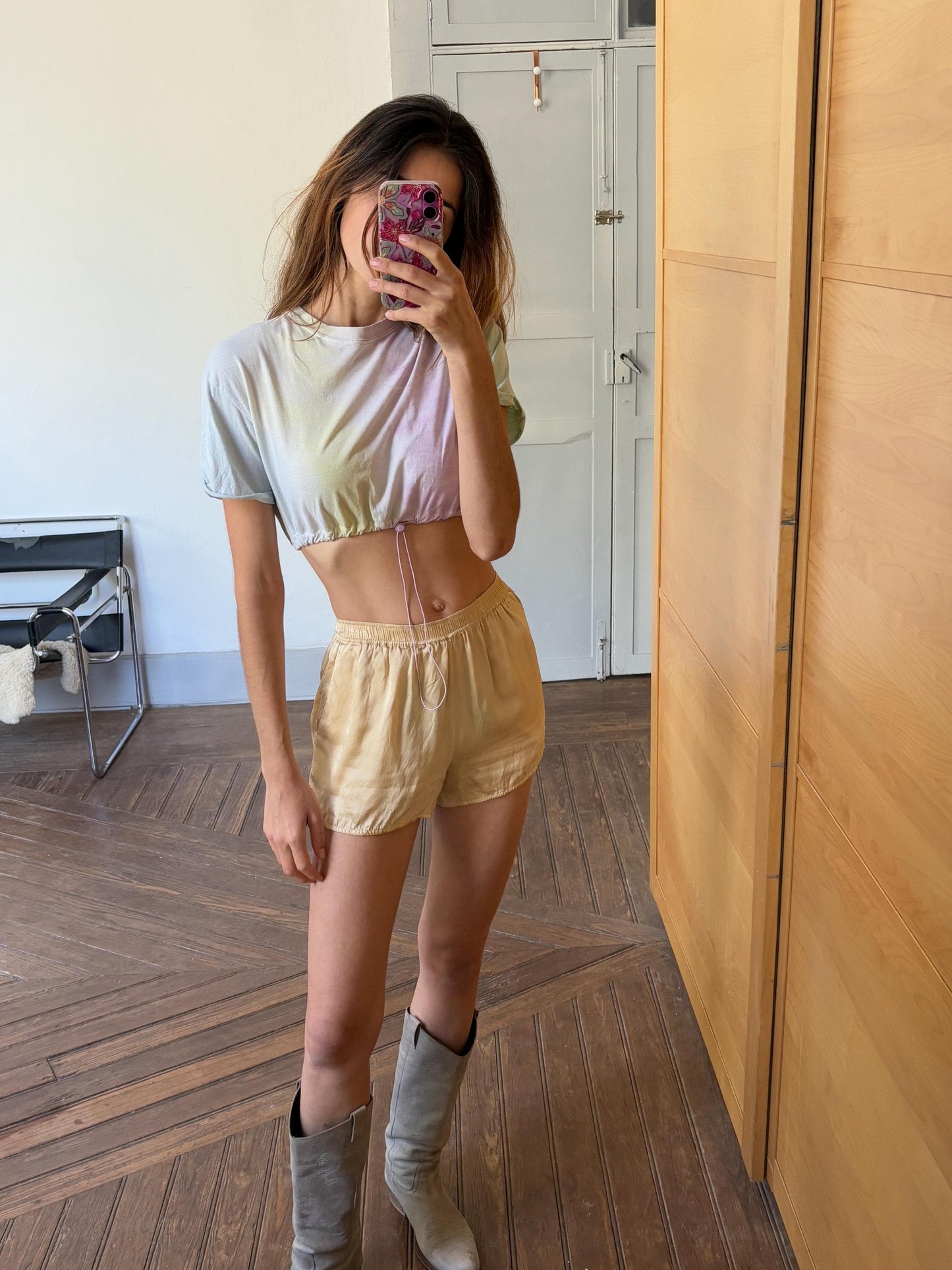 Vintage Pastel Tie-Dye Cropped T-Shirt with Drawstring Hem – Size S