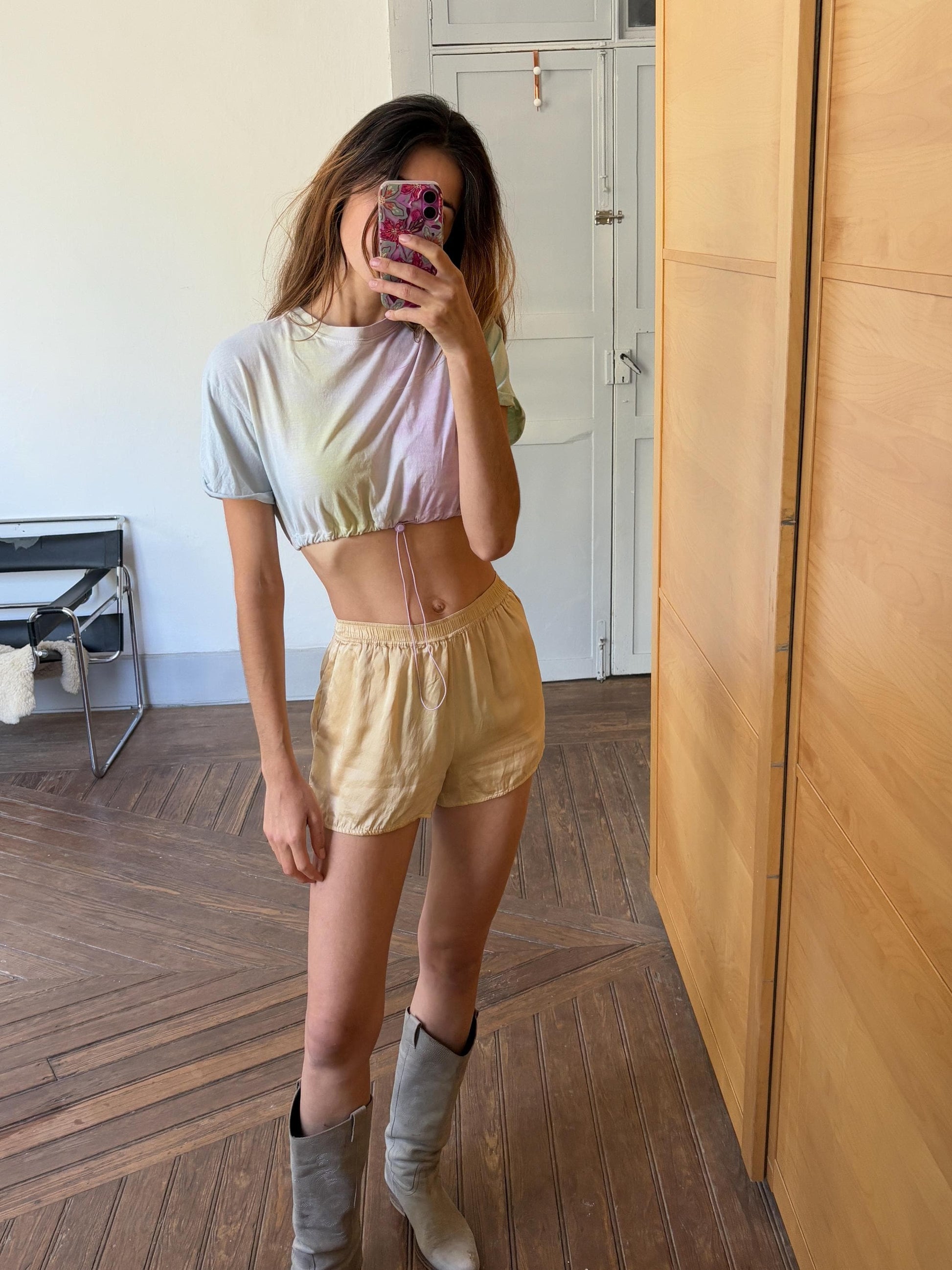 Vintage Pastel Tie-Dye Cropped T-Shirt with Drawstring Hem – Size S