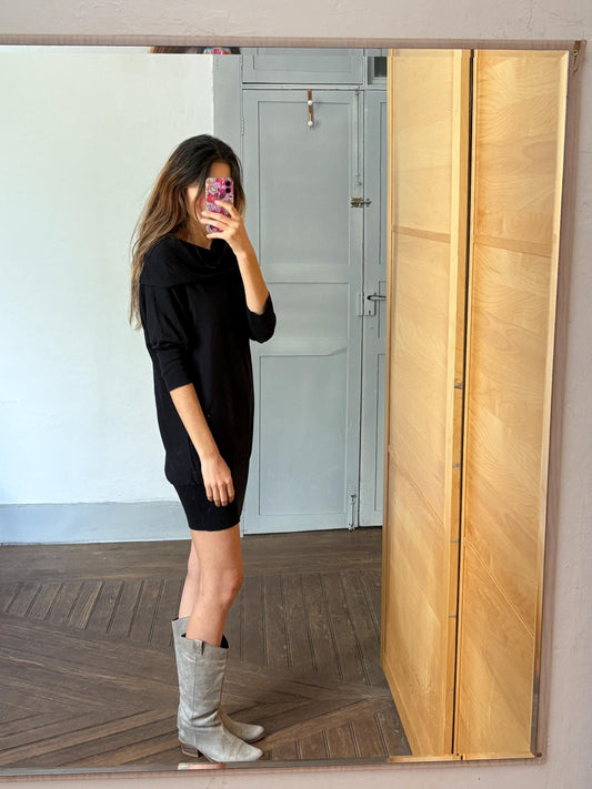 Vintage Lee minimalist dress, Elegant black comfortable mini dress, Luxury fit half sleeve short dres, Mock neck Little black dress, Size L