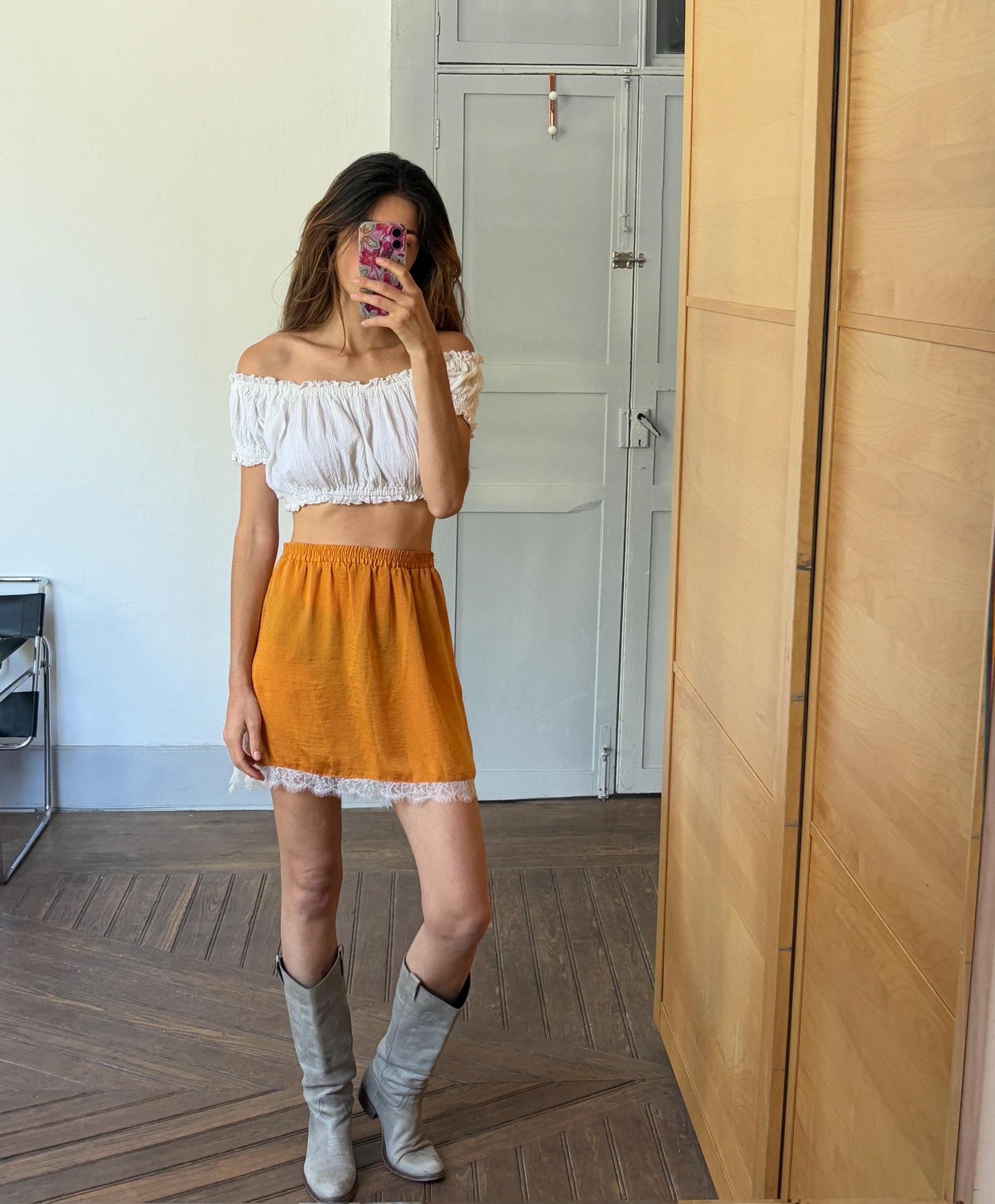 Sexy short orange and white lace mini Skirt, Lightweight summer skirt with elastic waistline